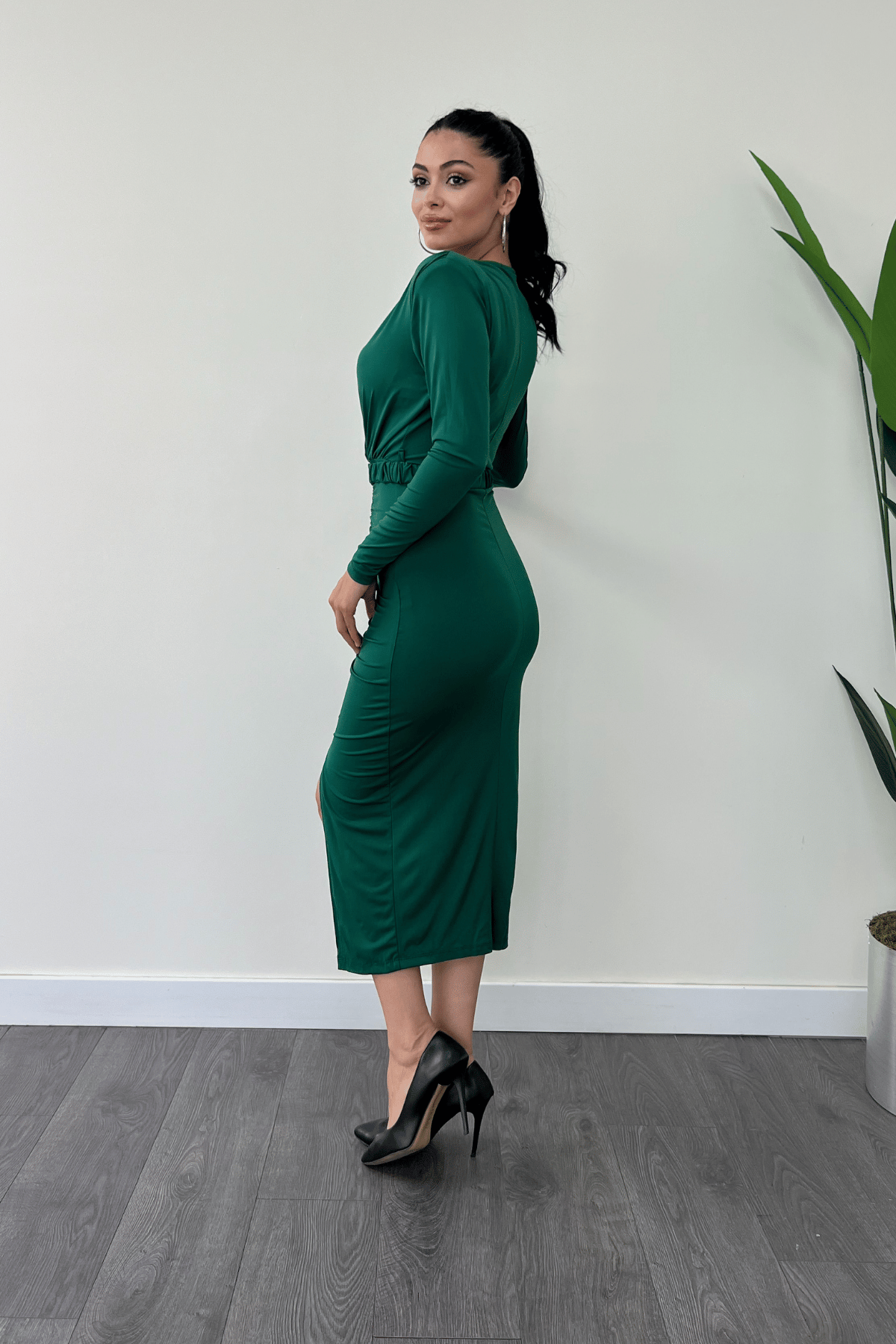 Jarse Kumaş Büzgü Detaylı Kalem Elbise - ZÜMRÜT YEŞİL