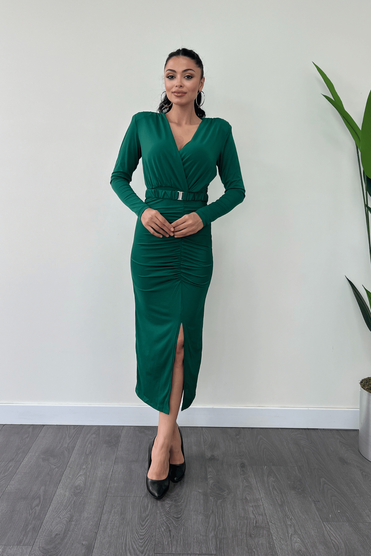 Jarse Kumaş Büzgü Detaylı Kalem Elbise - ZÜMRÜT YEŞİL