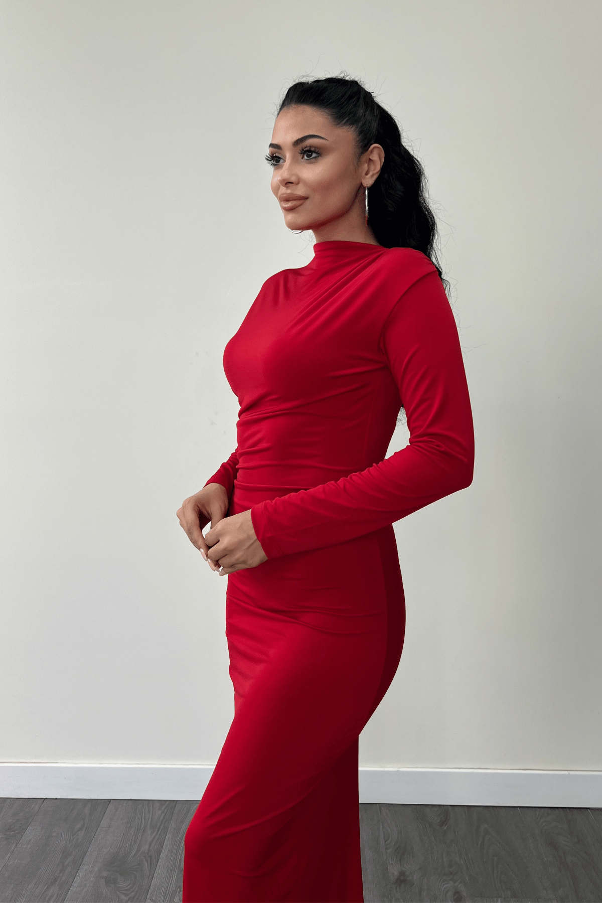 Jarse Kumaş Büzgülü Kalem Elbise - KIRMIZI