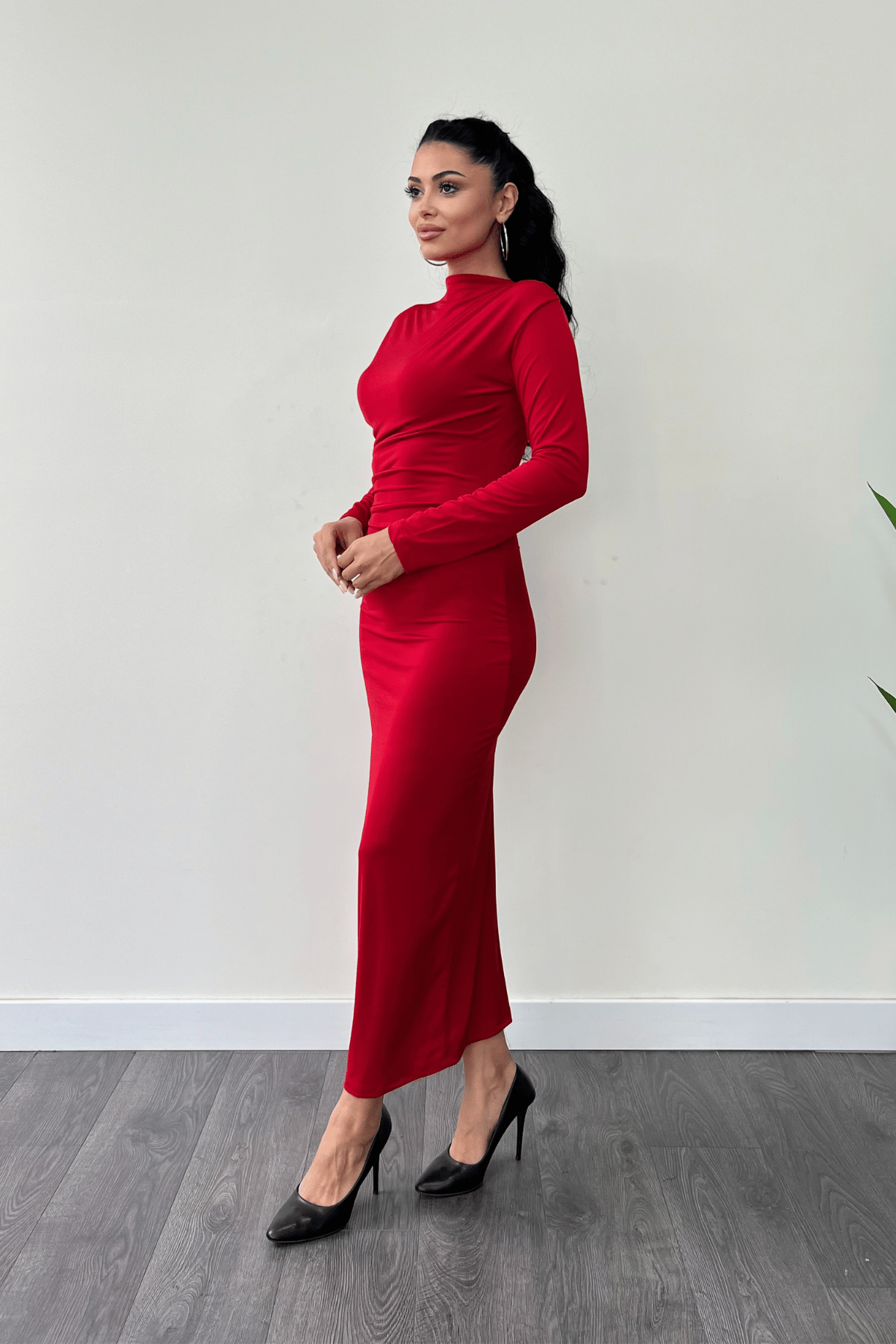 Jarse Kumaş Büzgülü Kalem Elbise - KIRMIZI