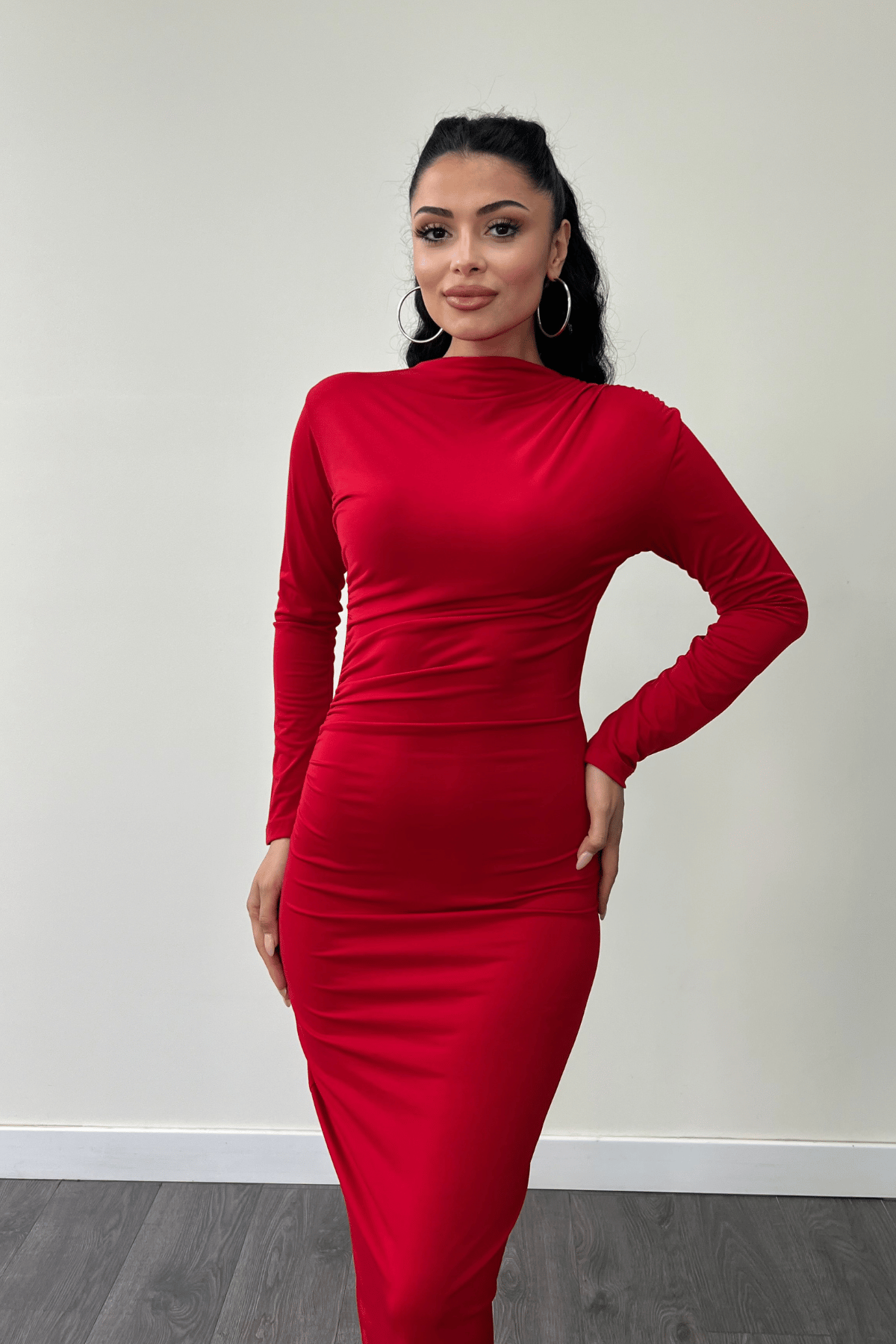 Jarse Kumaş Büzgülü Kalem Elbise - KIRMIZI