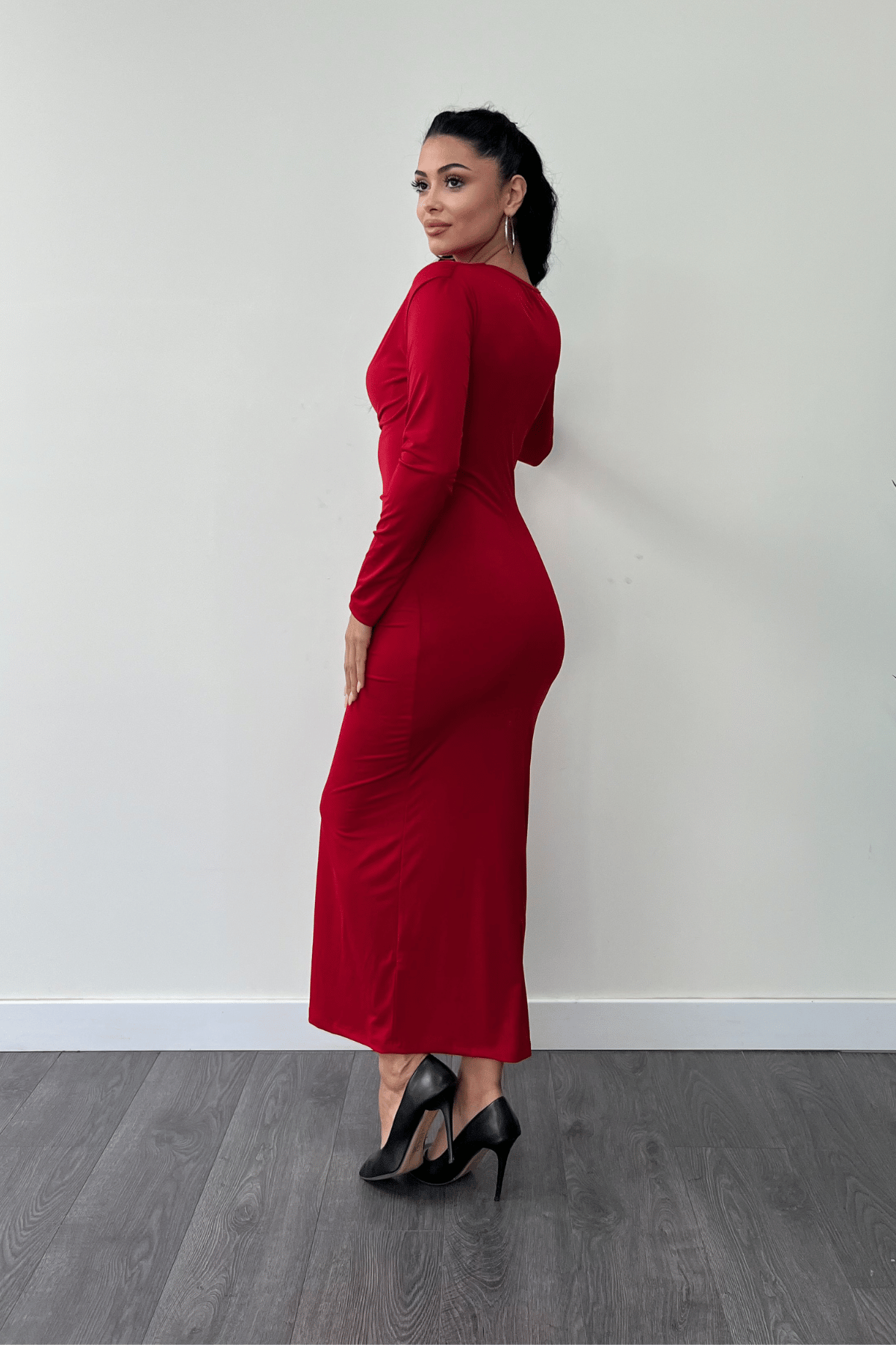 Jarse Kumaş Büzgülü Kalem Elbise - KIRMIZI