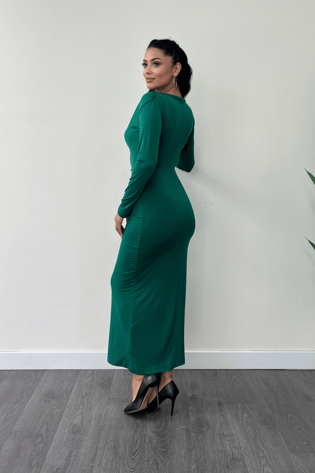 Jarse Kumaş Büzgülü Kalem Elbise - ZÜMRÜT YEŞİL