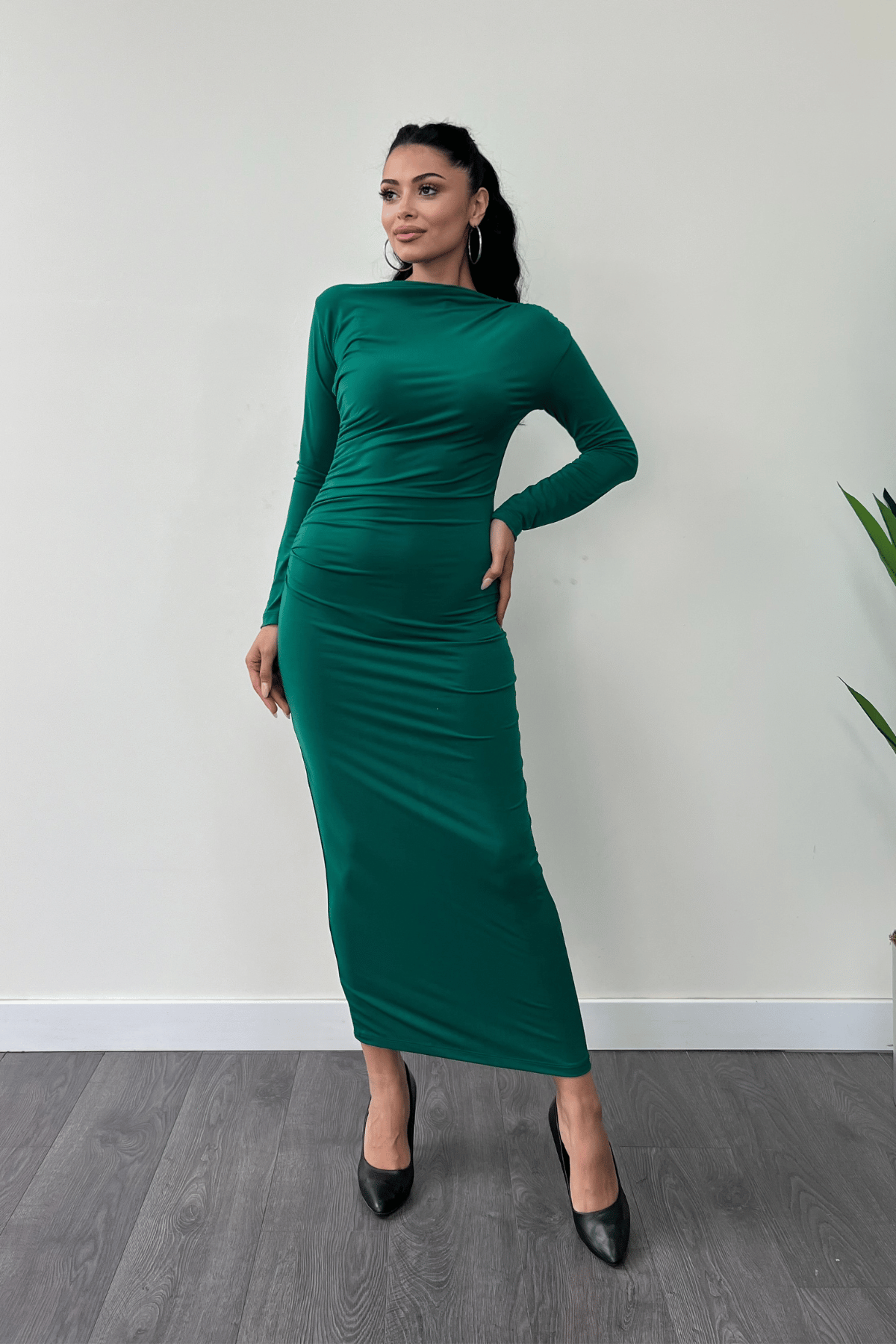 Jarse Kumaş Büzgülü Kalem Elbise - ZÜMRÜT YEŞİL
