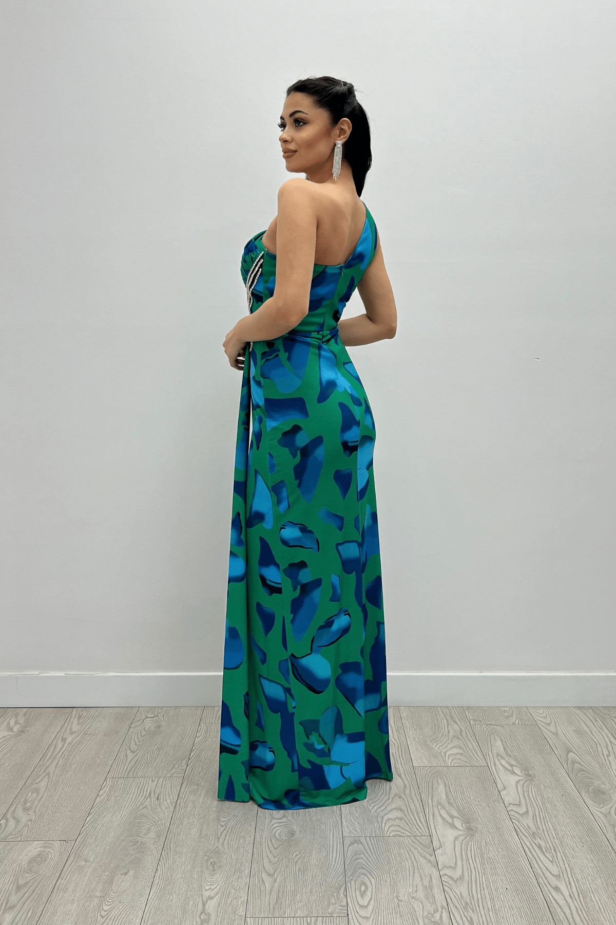 Jarse Kumaş Drapeli Taş Detaylı Balık Elbise - YEŞİL