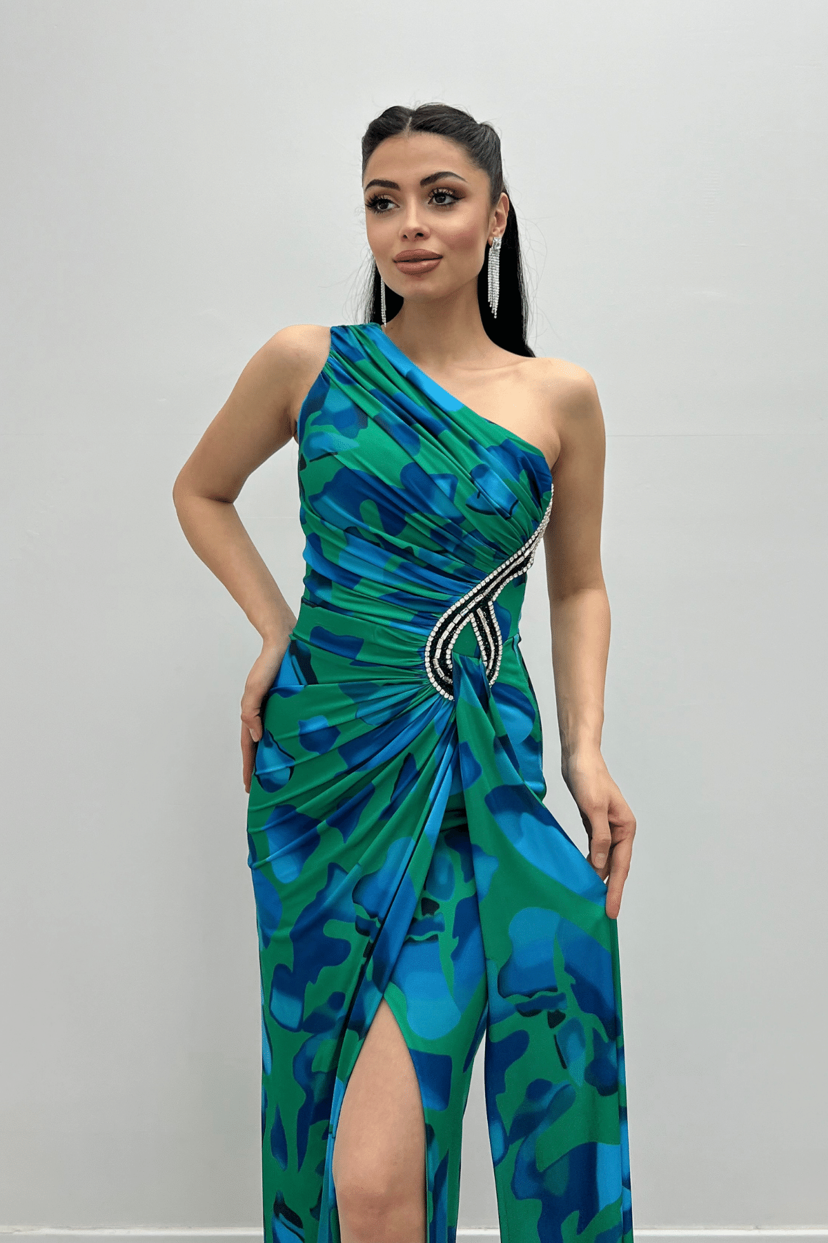 Jarse Kumaş Drapeli Taş Detaylı Balık Elbise - YEŞİL