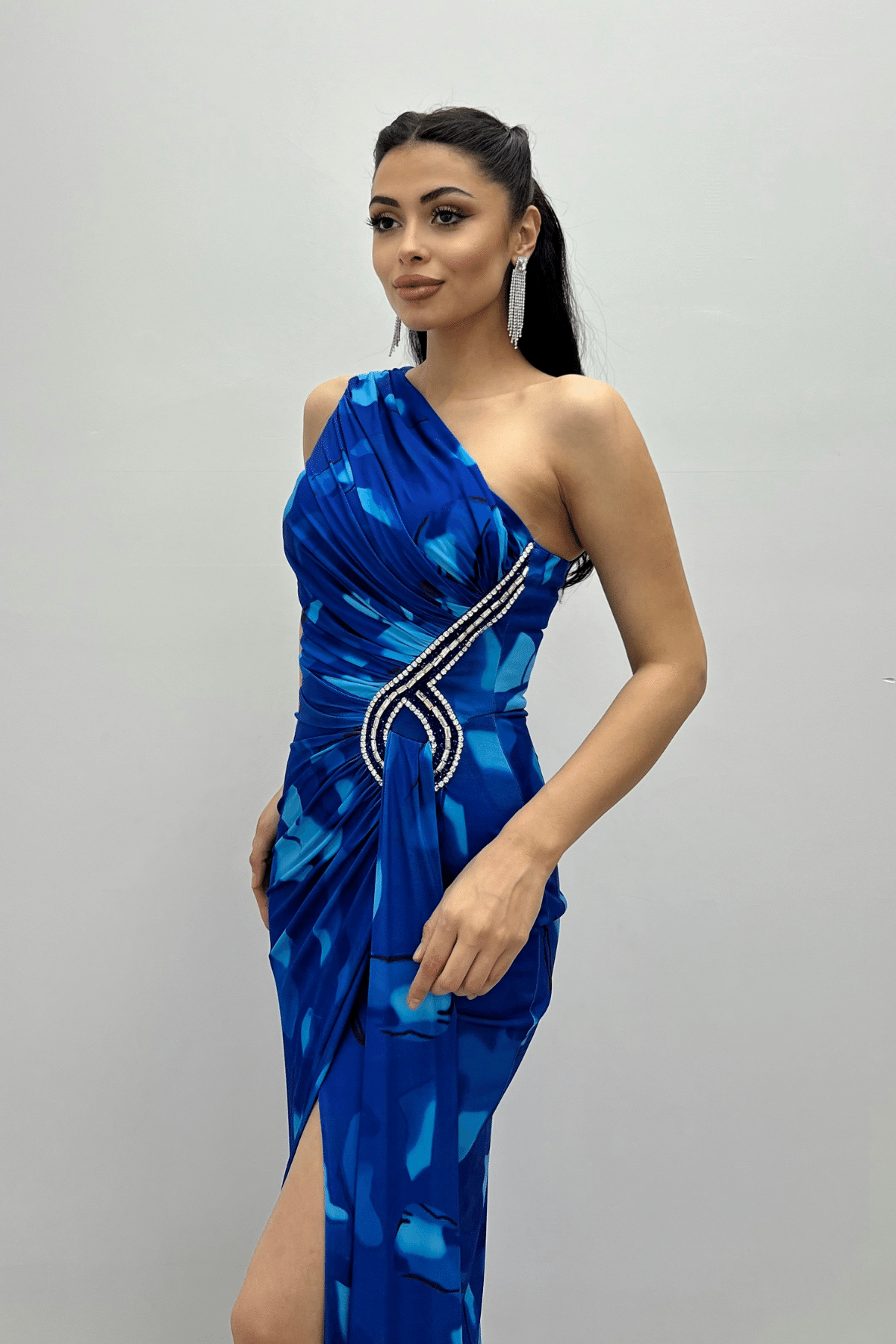 Jarse Kumaş Drapeli Taş Detaylı Balık Elbise - SAKS MAVİ