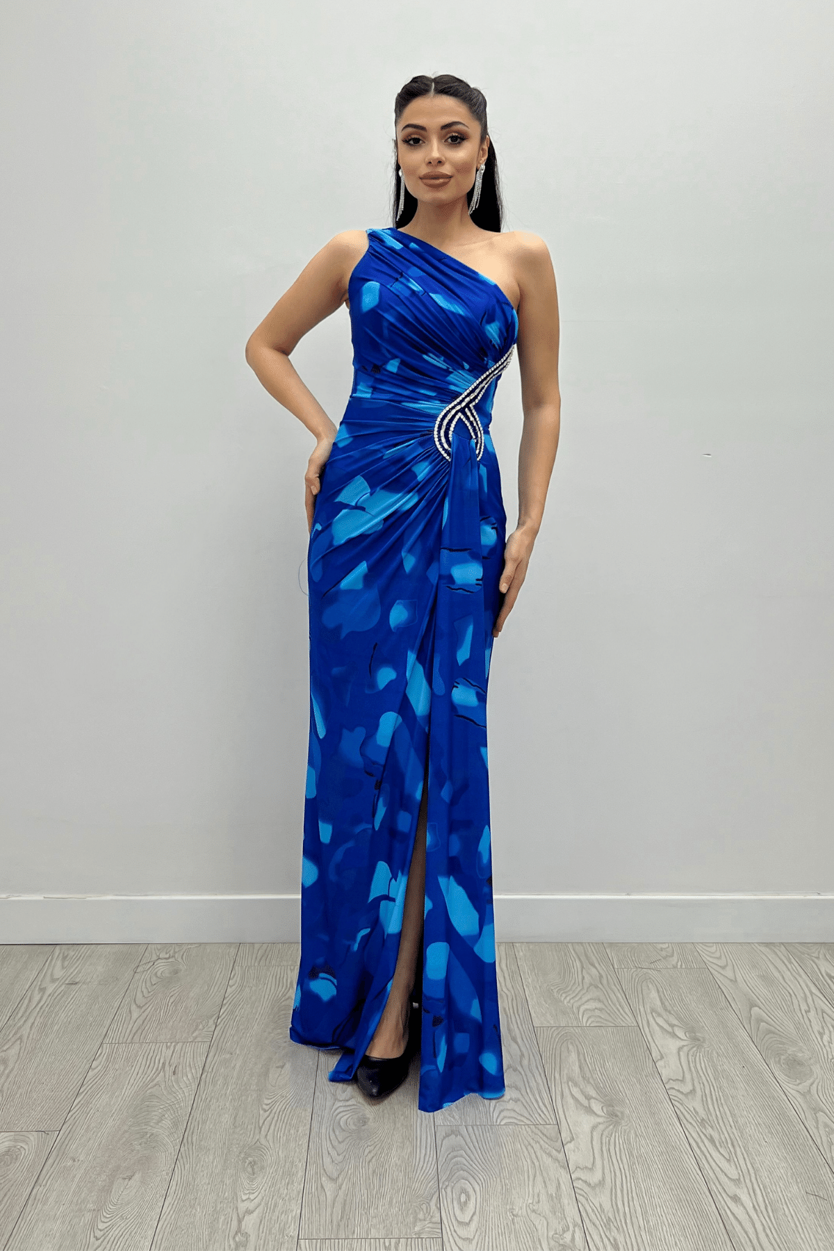 Jarse Kumaş Drapeli Taş Detaylı Balık Elbise - SAKS MAVİ