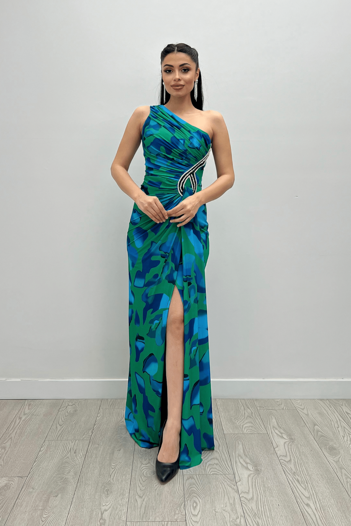 Jarse Kumaş Drapeli Taş Detaylı Balık Elbise - YEŞİL