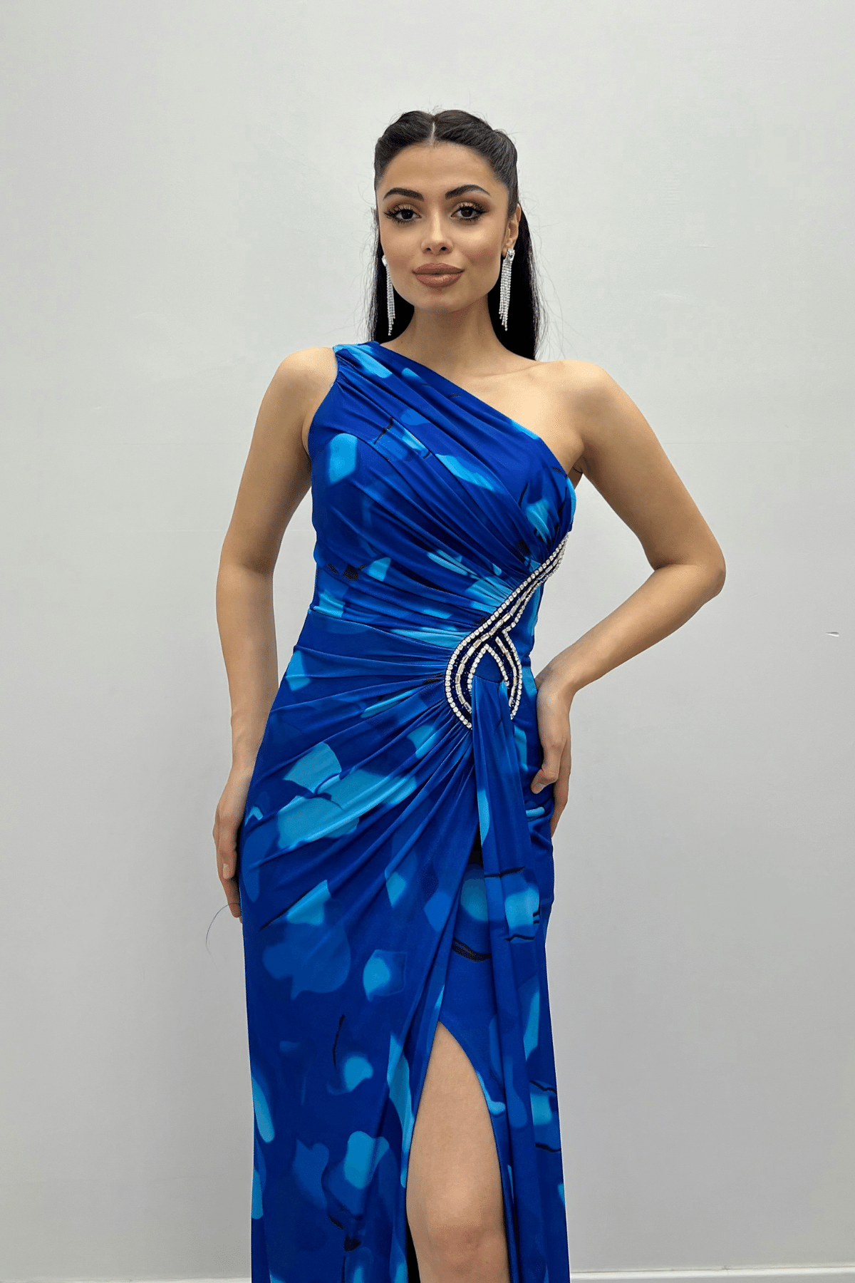 Jarse Kumaş Drapeli Taş Detaylı Balık Elbise - SAKS MAVİ