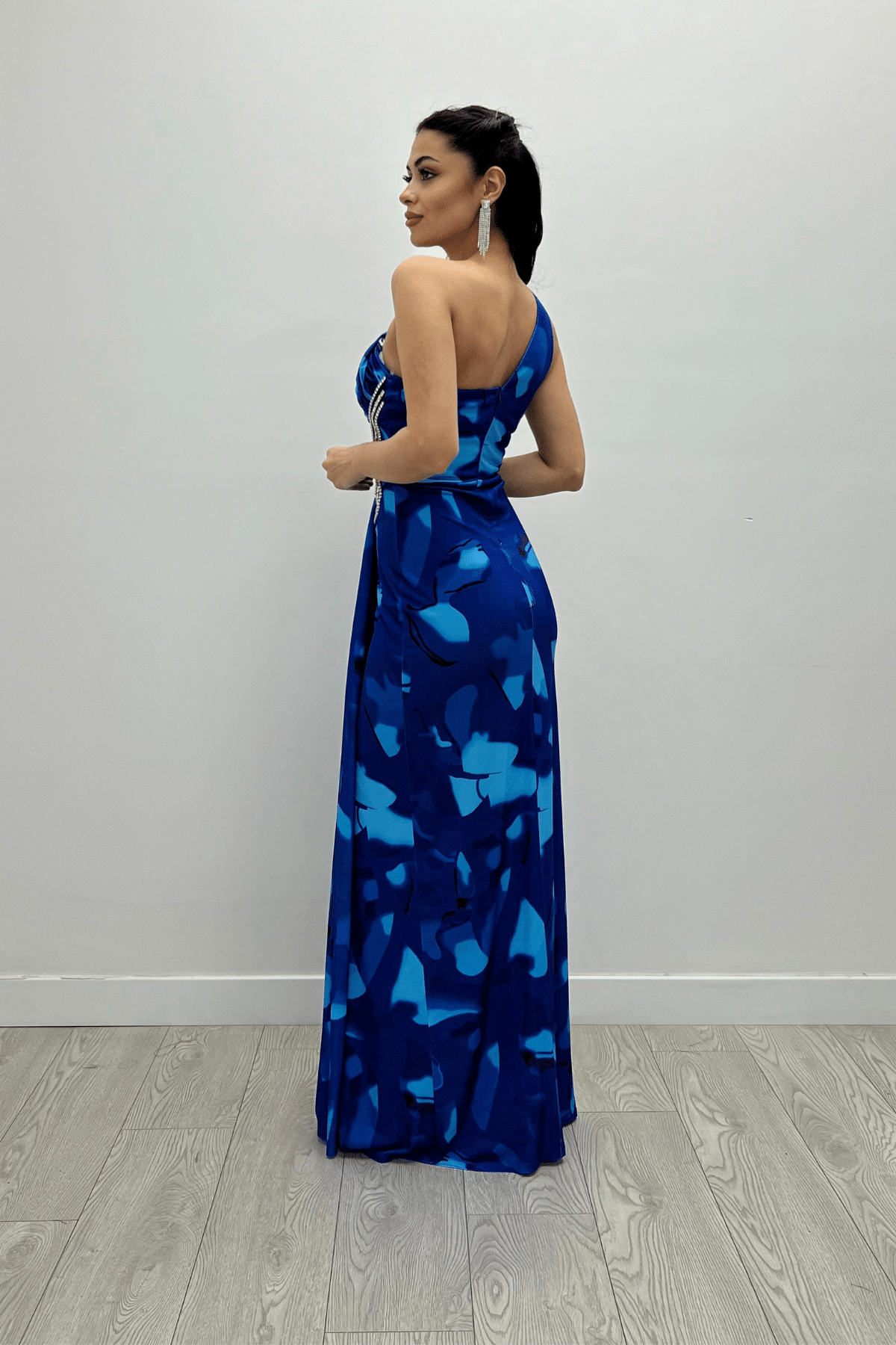 Jarse Kumaş Drapeli Taş Detaylı Balık Elbise - SAKS MAVİ