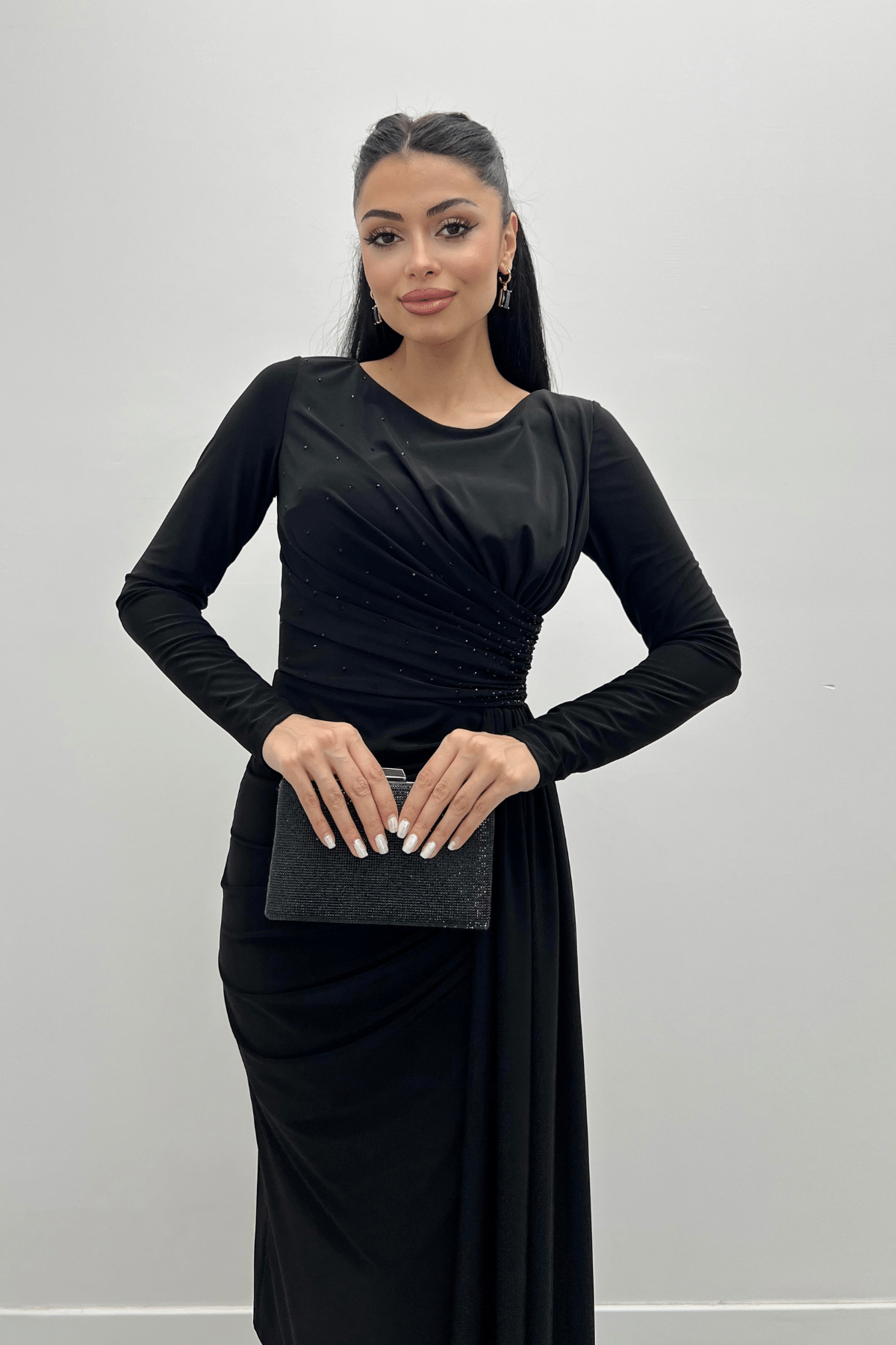 Jarse Kumaş Drapeli Taş Detaylı Elbise - SİYAH