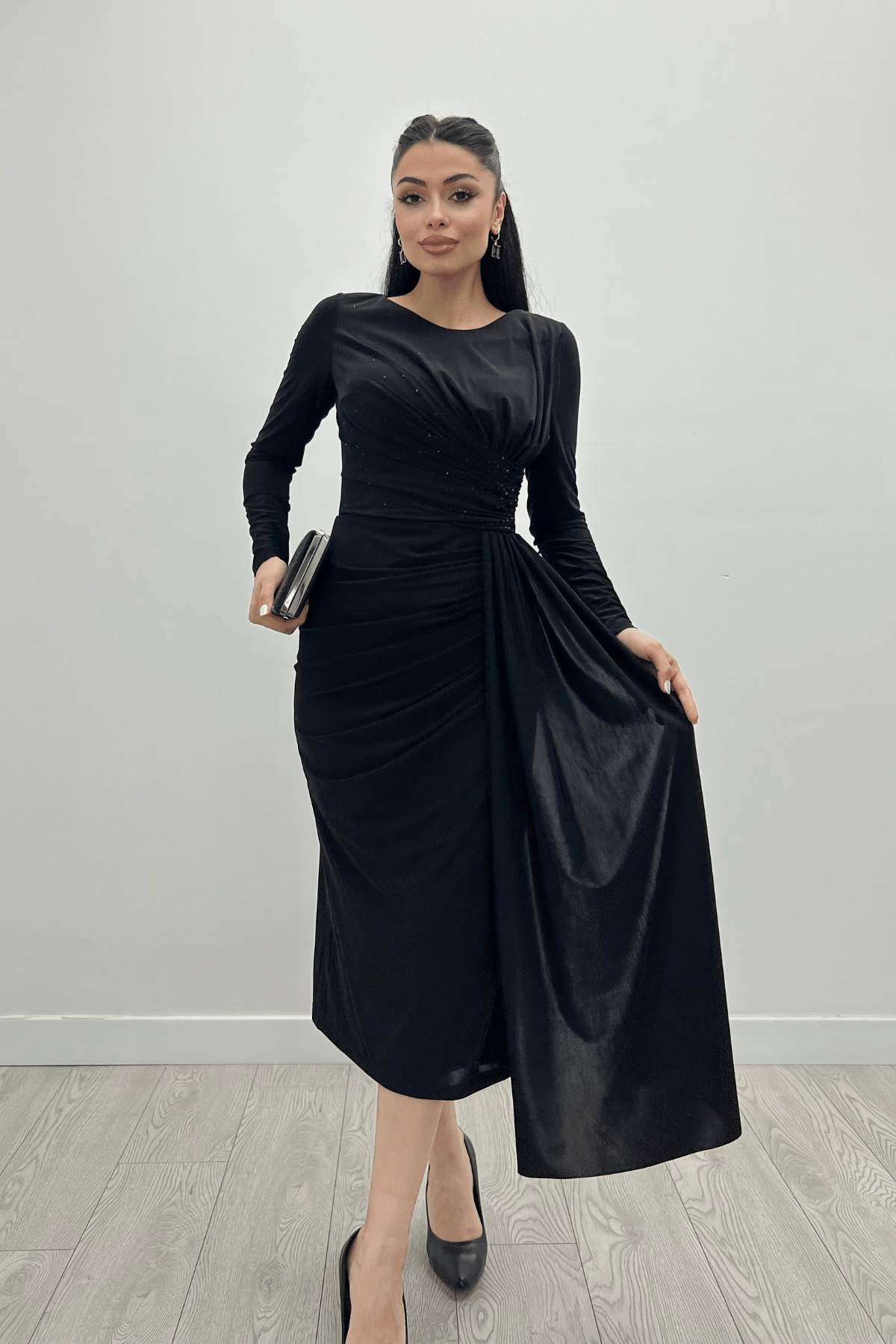 Jarse Kumaş Drapeli Taş Detaylı Elbise - SİYAH