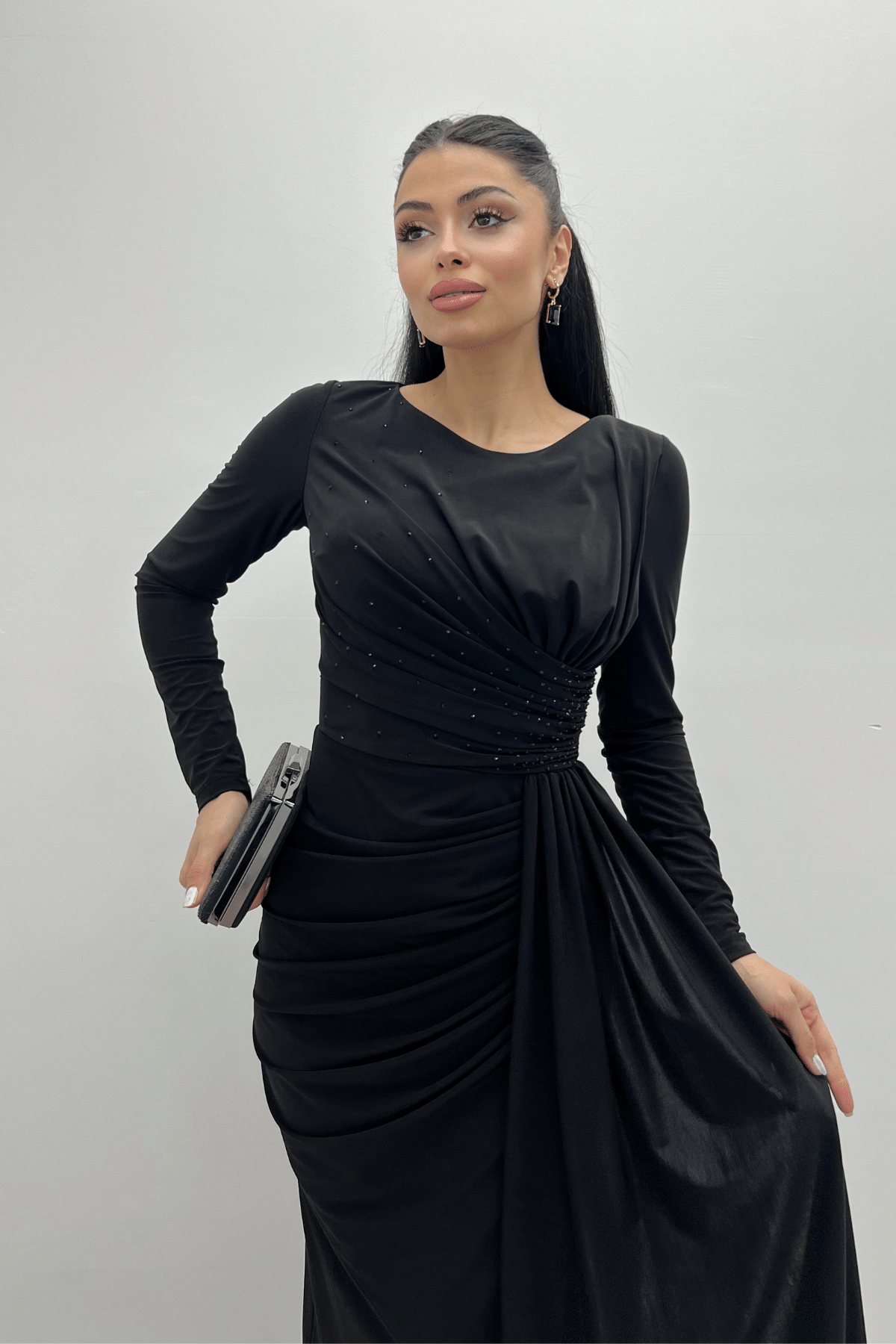 Jarse Kumaş Drapeli Taş Detaylı Elbise - SİYAH