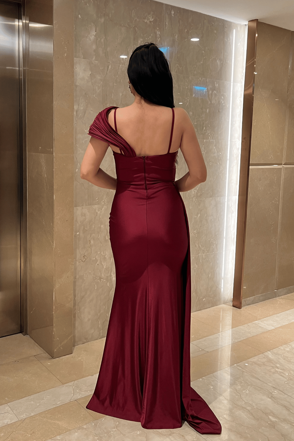 Jarse Kumaş Şal Desenli Abiye Elbise - BORDO