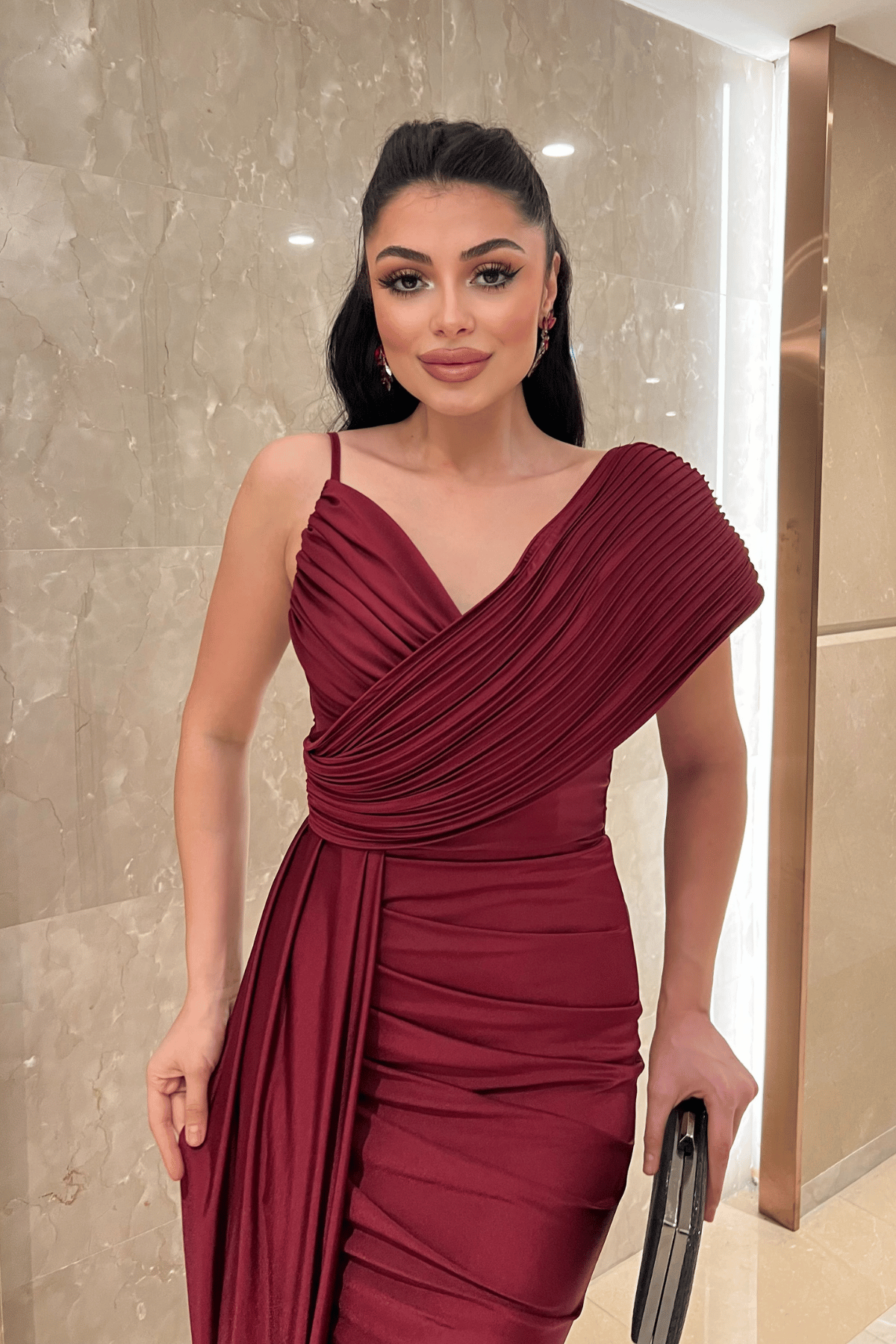 Jarse Kumaş Şal Desenli Abiye Elbise - BORDO