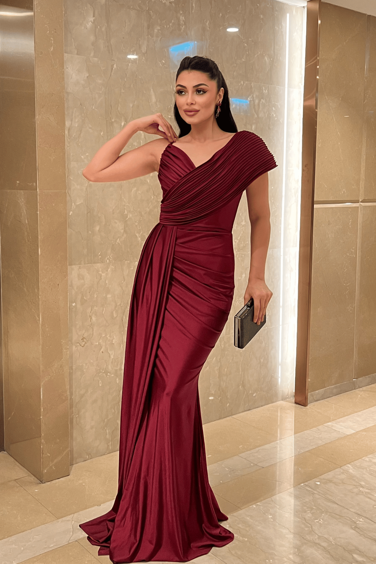 Jarse Kumaş Şal Desenli Abiye Elbise - BORDO