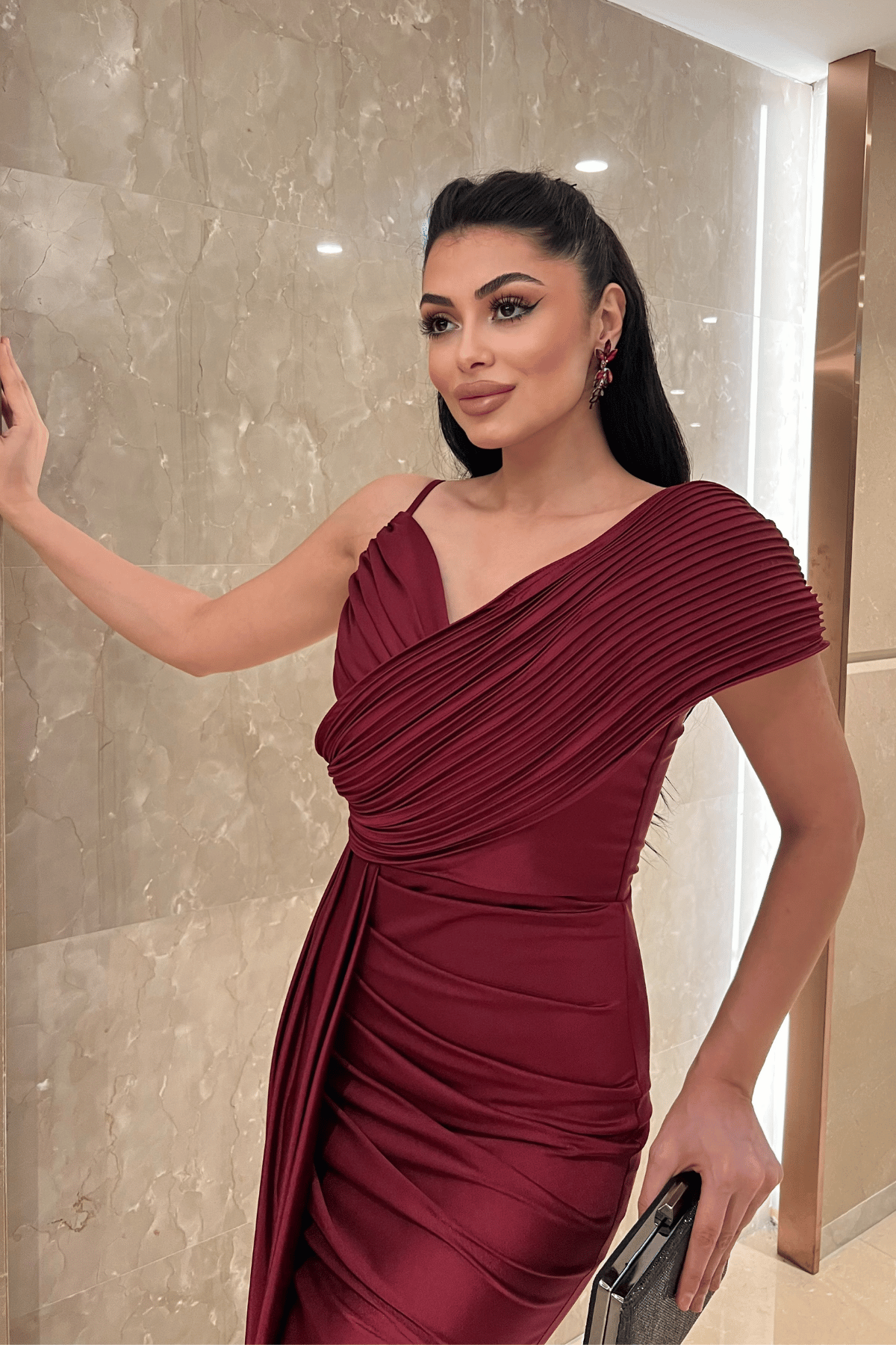 Jarse Kumaş Şal Desenli Abiye Elbise - BORDO