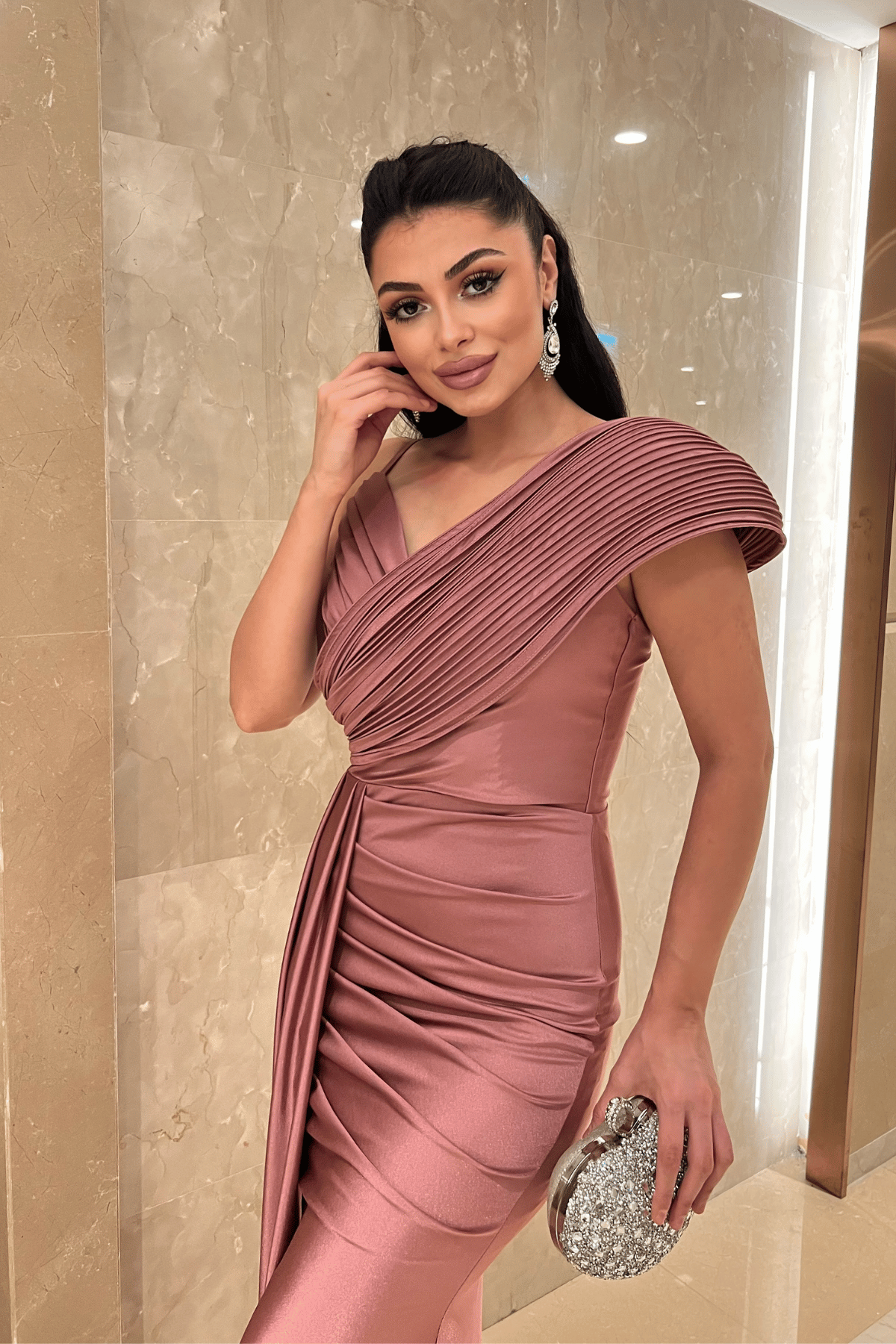 Jarse Kumaş Şal Desenli Abiye Elbise - GÜL KURUSU