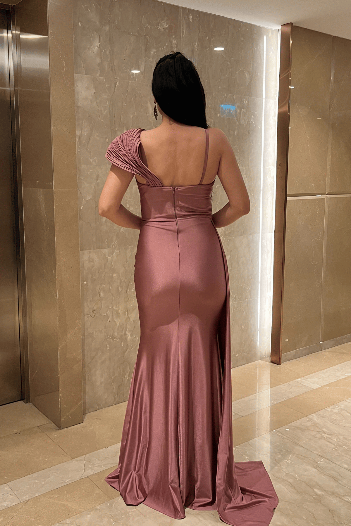 Jarse Kumaş Şal Desenli Abiye Elbise - GÜL KURUSU