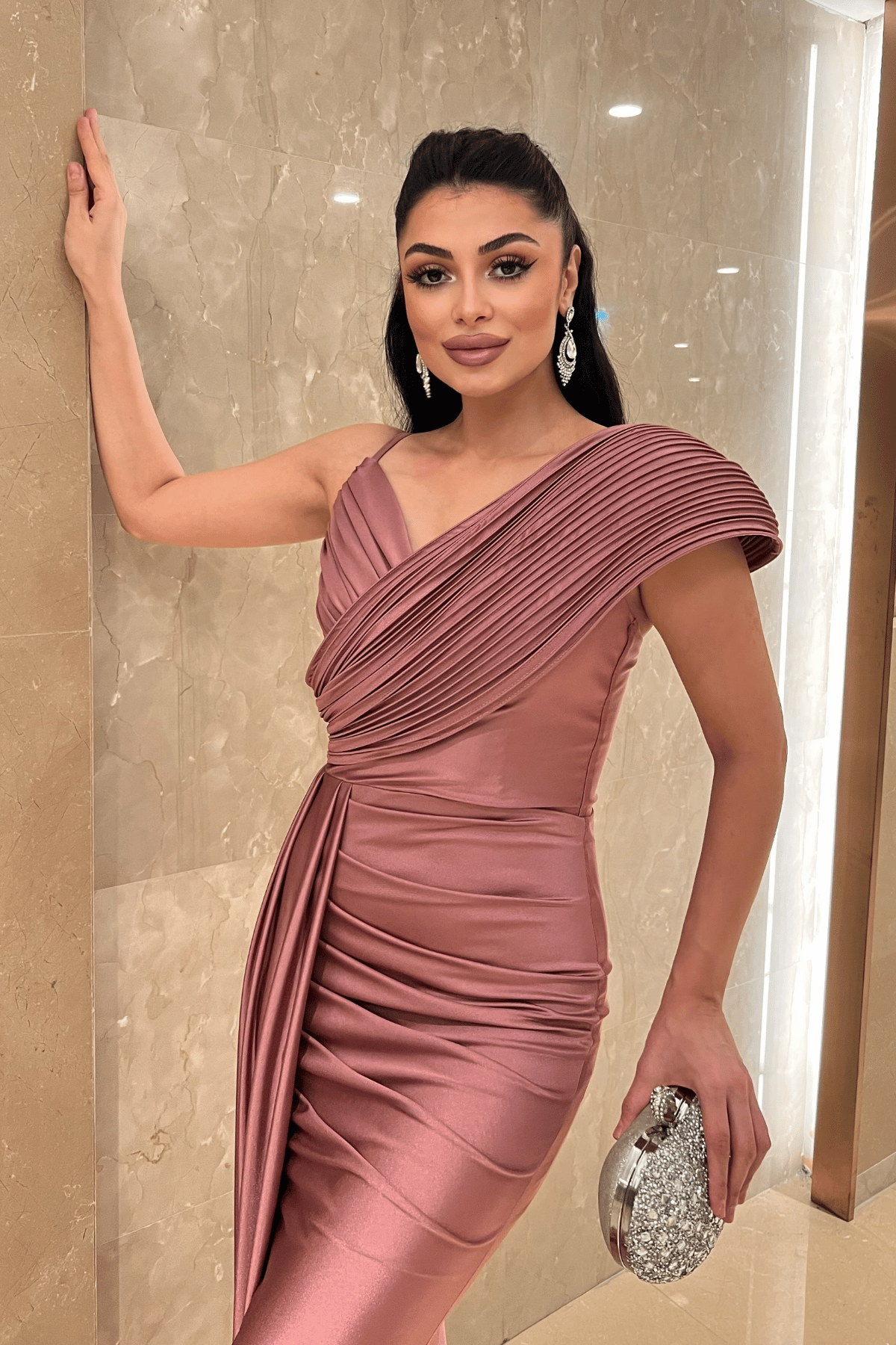 Jarse Kumaş Şal Desenli Abiye Elbise - GÜL KURUSU