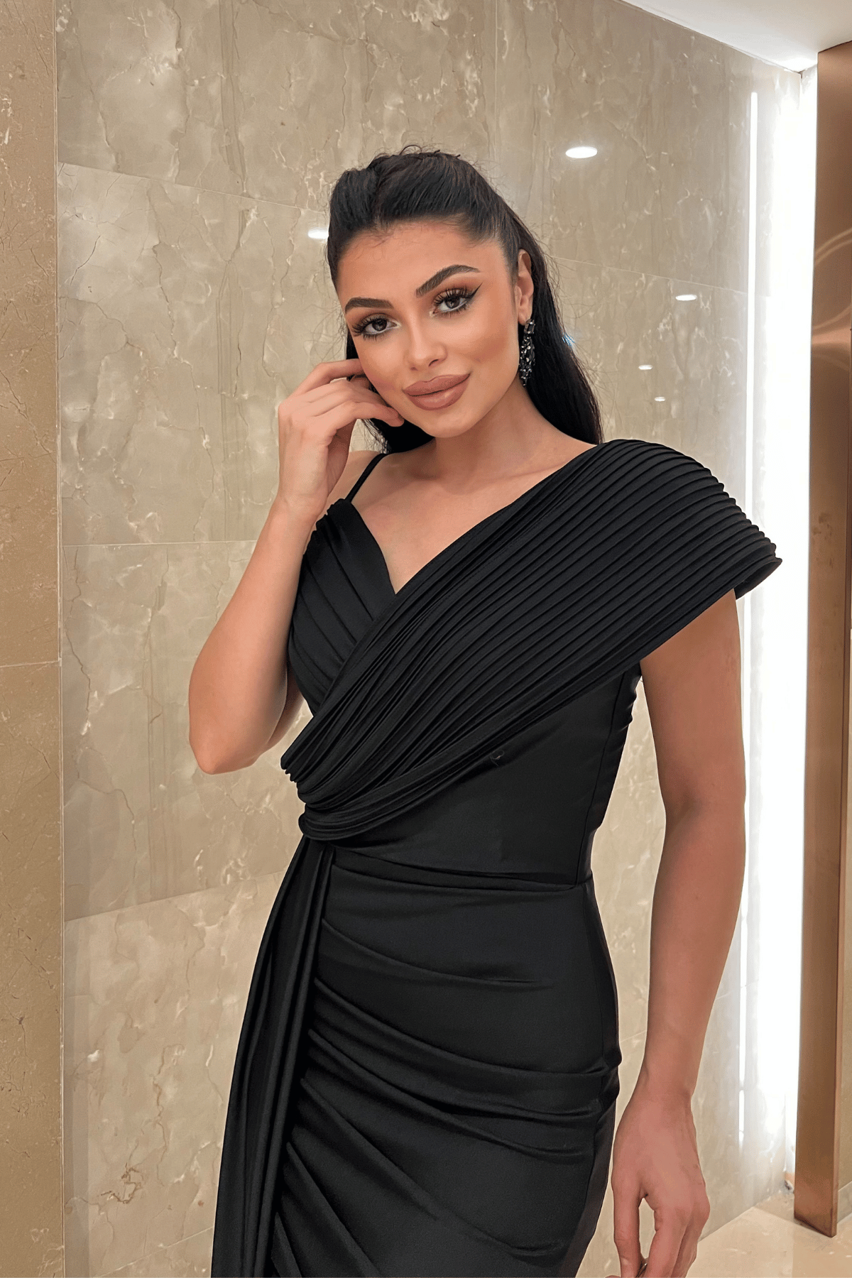 Jarse Kumaş Şal Desenli Abiye Elbise - SİYAH