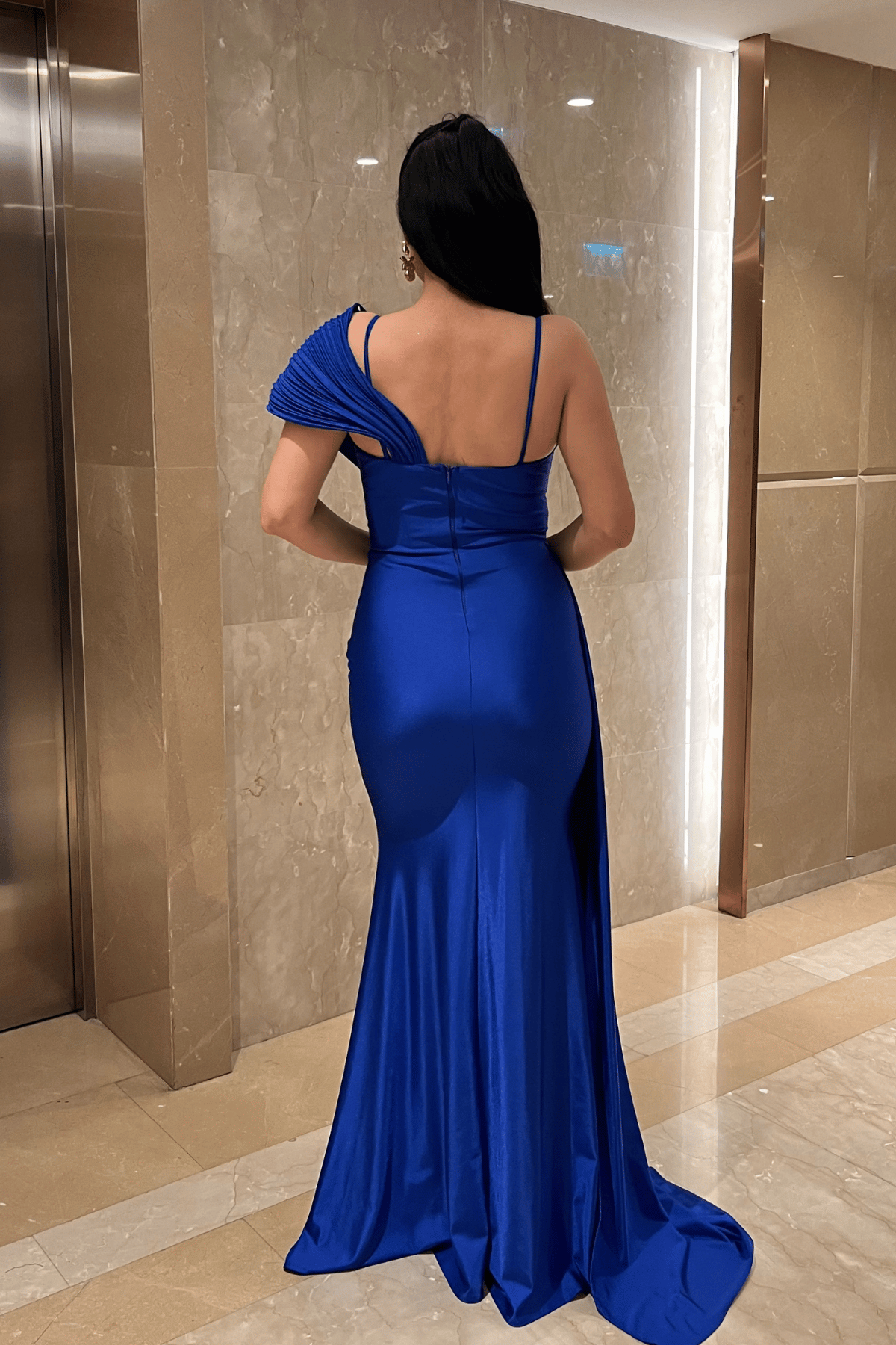 Jarse Kumaş Şal Desenli Abiye Elbise - SAKS MAVİ