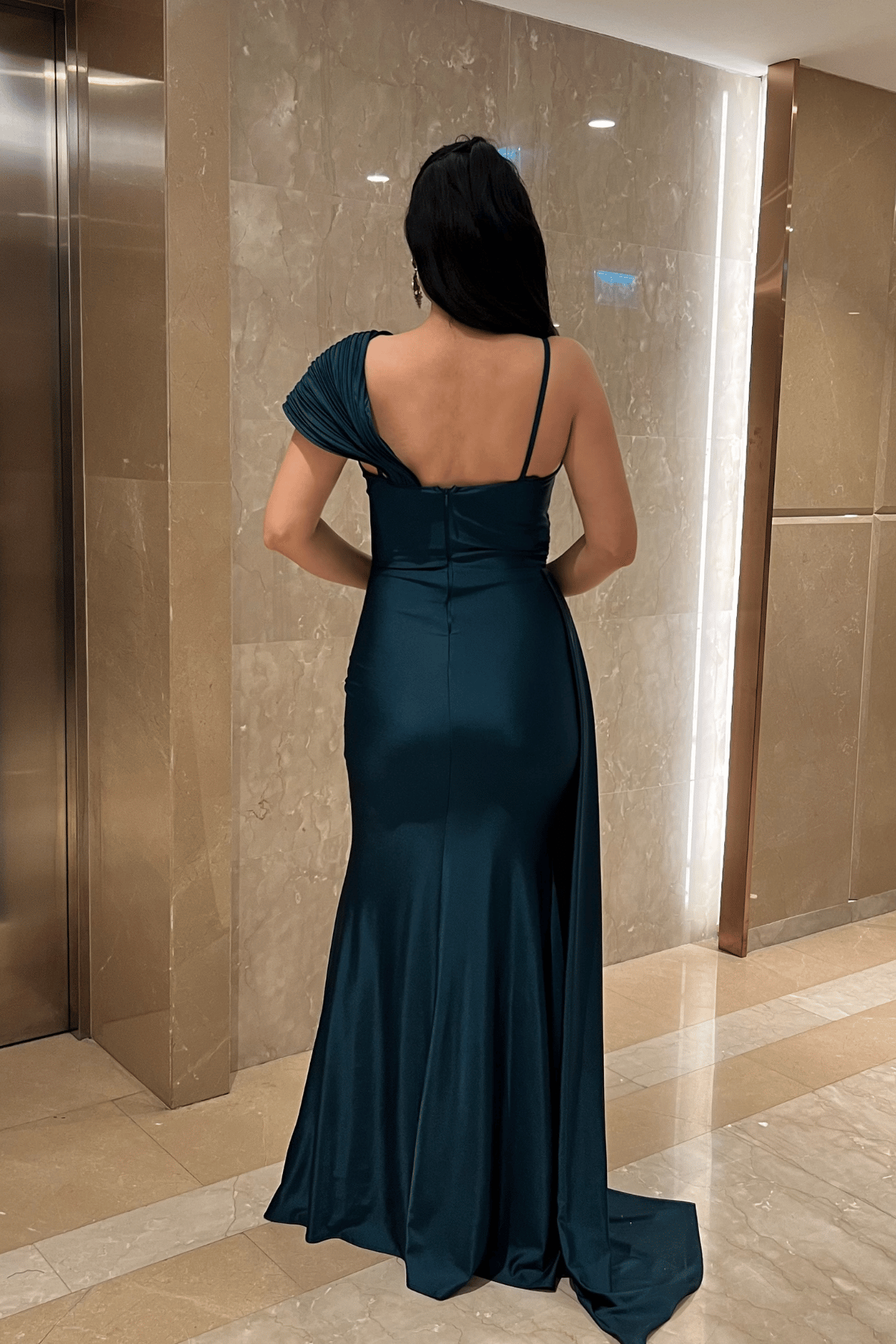 Jarse Kumaş Şal Desenli Abiye Elbise - ZÜMRÜT YEŞİL