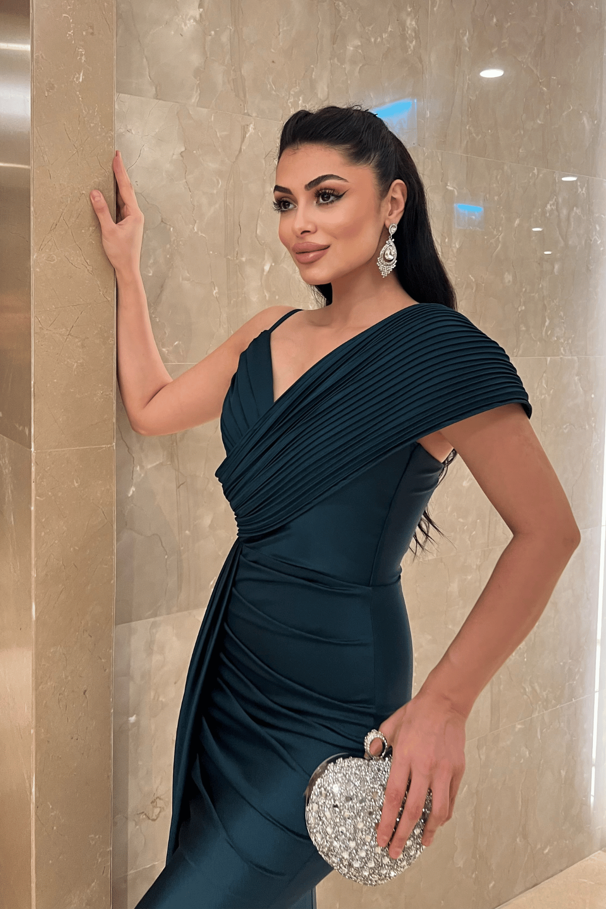 Jarse Kumaş Şal Desenli Abiye Elbise - ZÜMRÜT YEŞİL