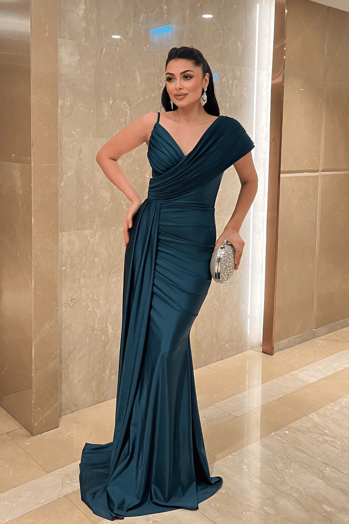 Jarse Kumaş Şal Desenli Abiye Elbise - ZÜMRÜT YEŞİL