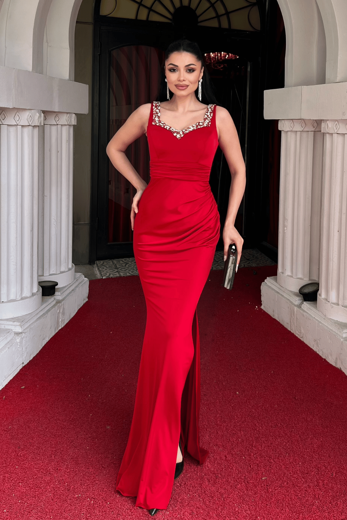 Jarse Kumaş Taş Detaylı Abiye Elbise - KIRMIZI