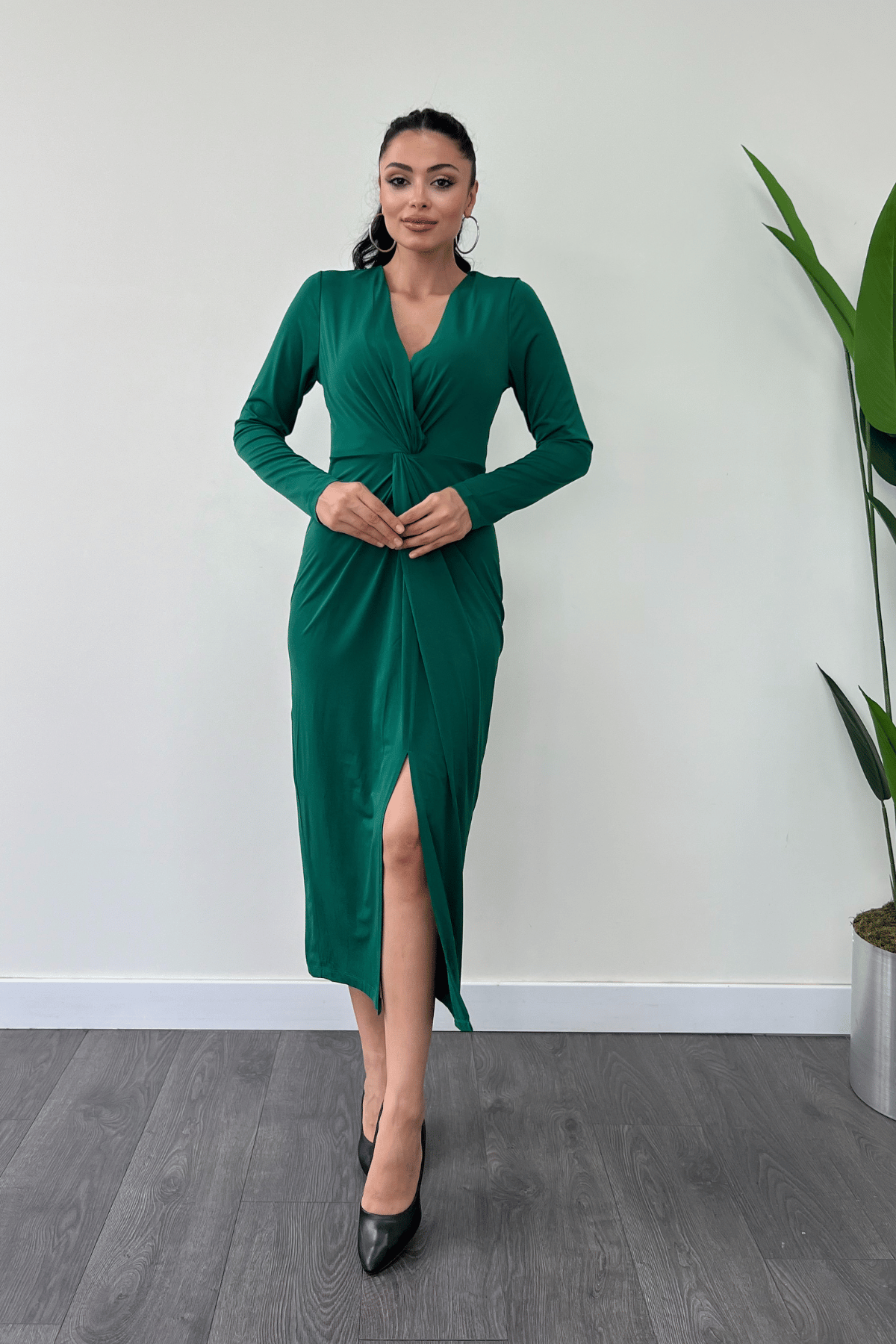 Jarse Kumaş Tasarım Kalem Elbise - ZÜMRÜT YEŞİL