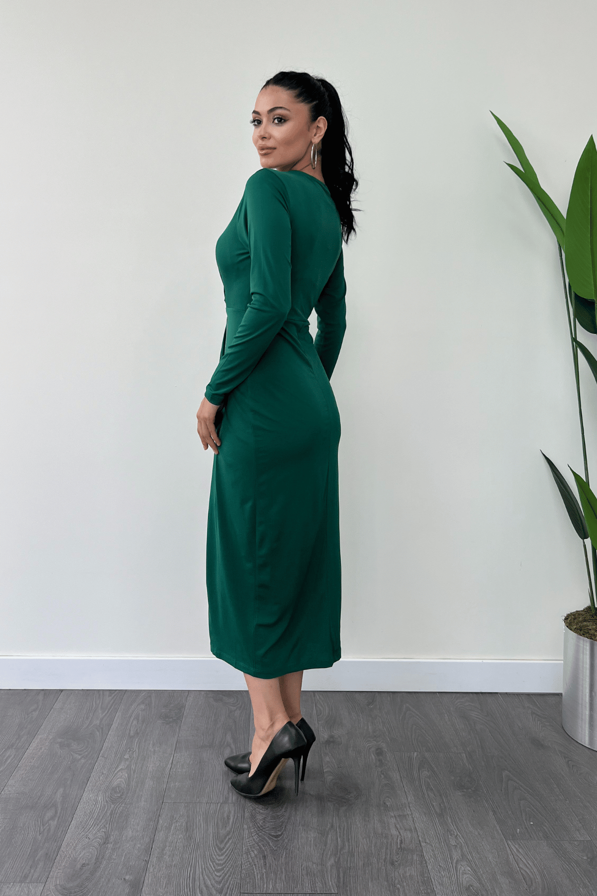 Jarse Kumaş Tasarım Kalem Elbise - ZÜMRÜT YEŞİL