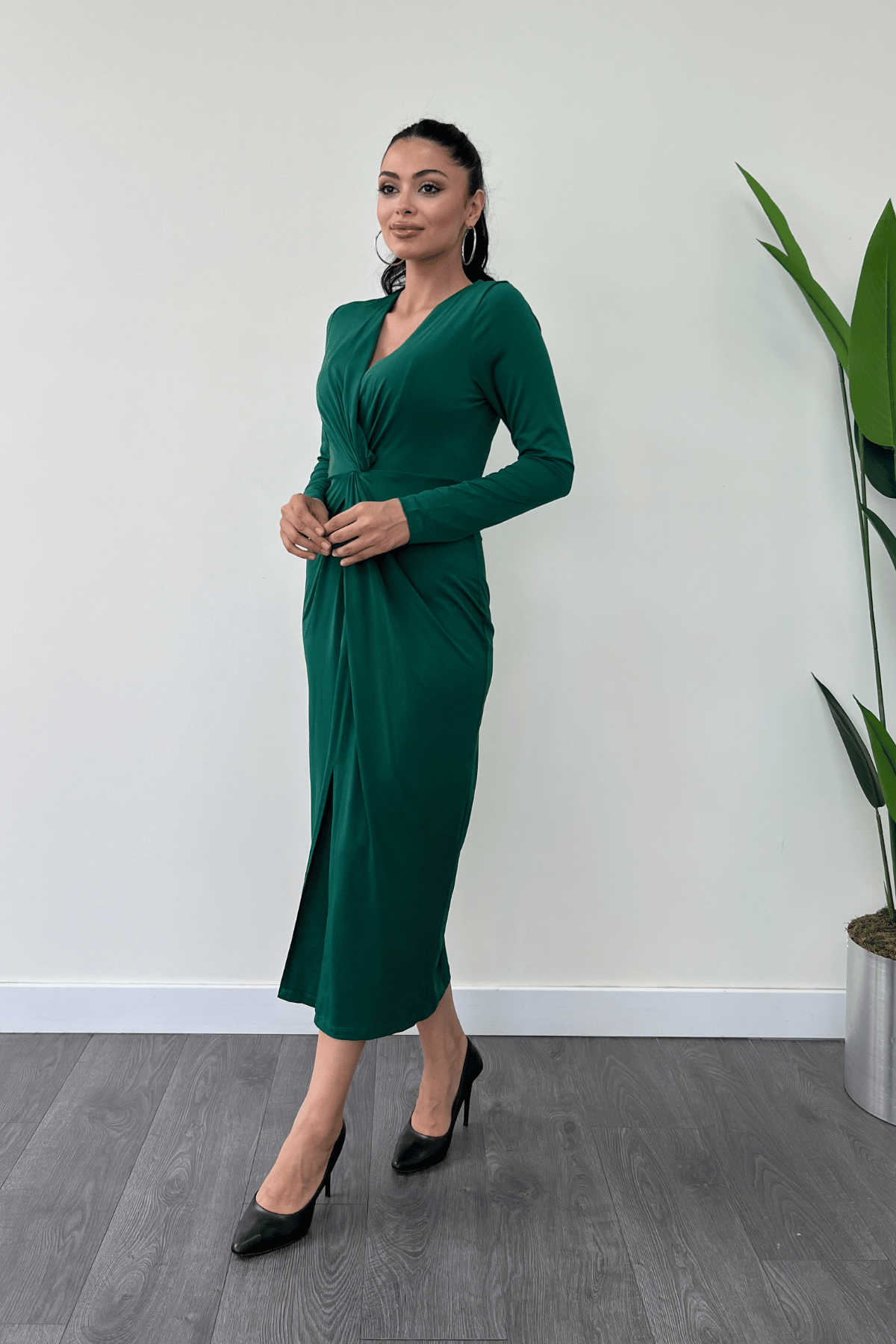 Jarse Kumaş Tasarım Kalem Elbise - ZÜMRÜT YEŞİL