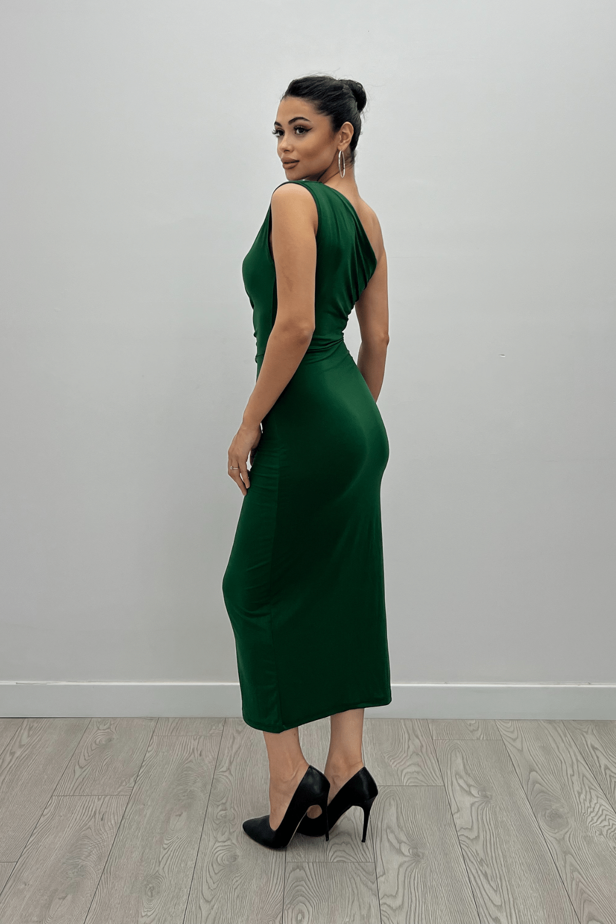 Jarse Kumaş Tek Omuz Büzgü Detaylı Kalem Elbise - ZÜMRÜT YEŞİL