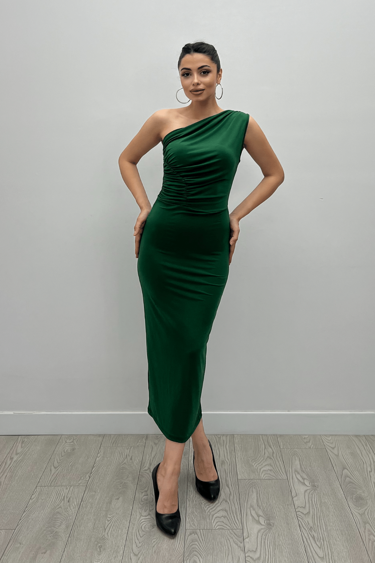 Jarse Kumaş Tek Omuz Büzgü Detaylı Kalem Elbise - ZÜMRÜT YEŞİL
