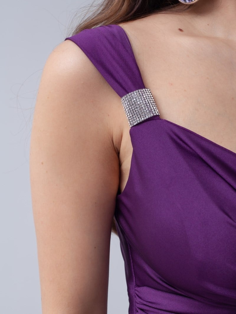 Jarse Kumaş Volan Detaylı Elbise - PATLICAN MOR