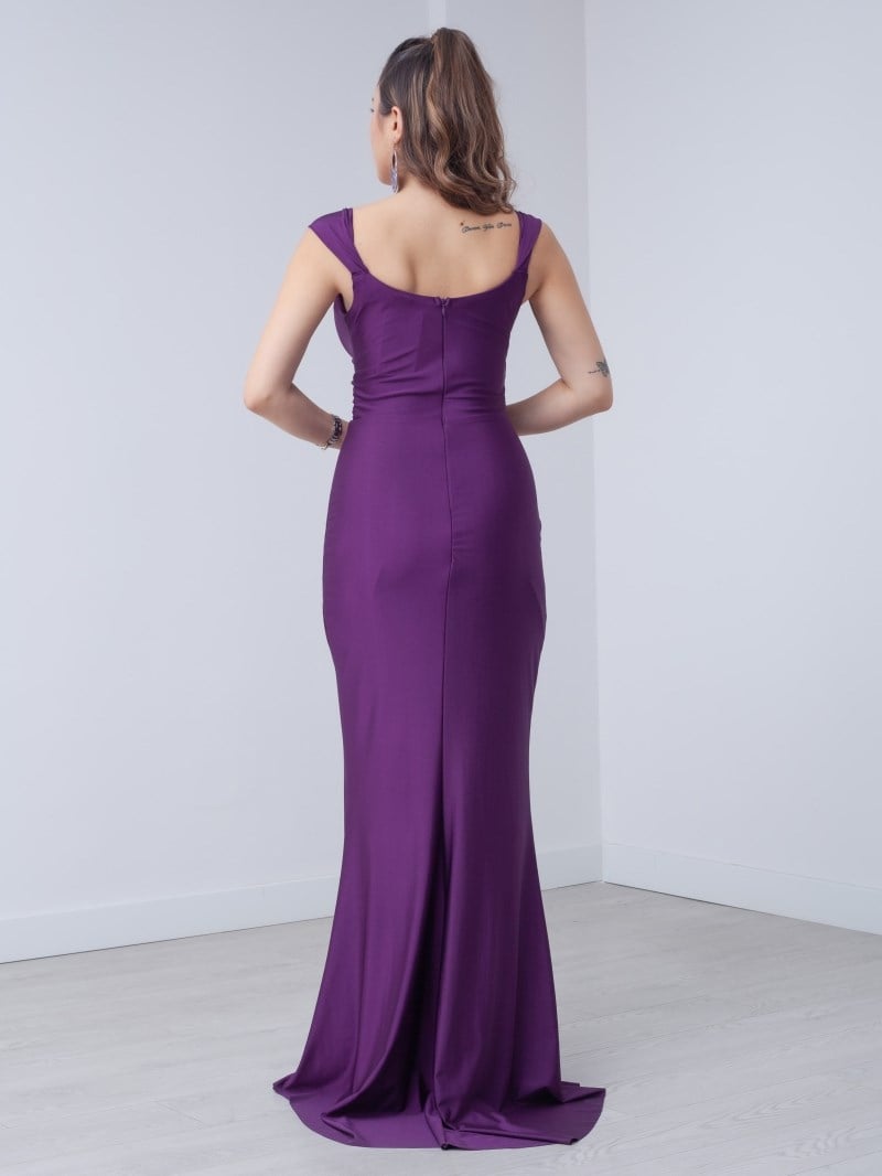 Jarse Kumaş Volan Detaylı Elbise - PATLICAN MOR