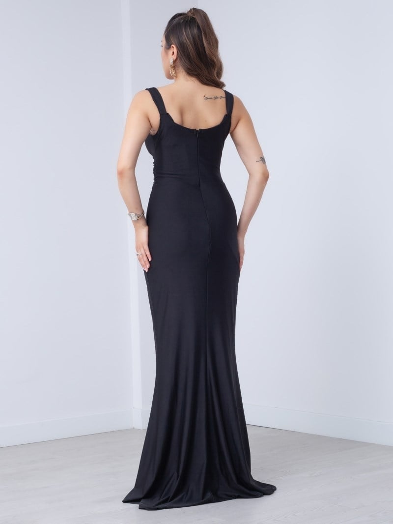 Jarse Kumaş Volan Detaylı Elbise - SİYAH