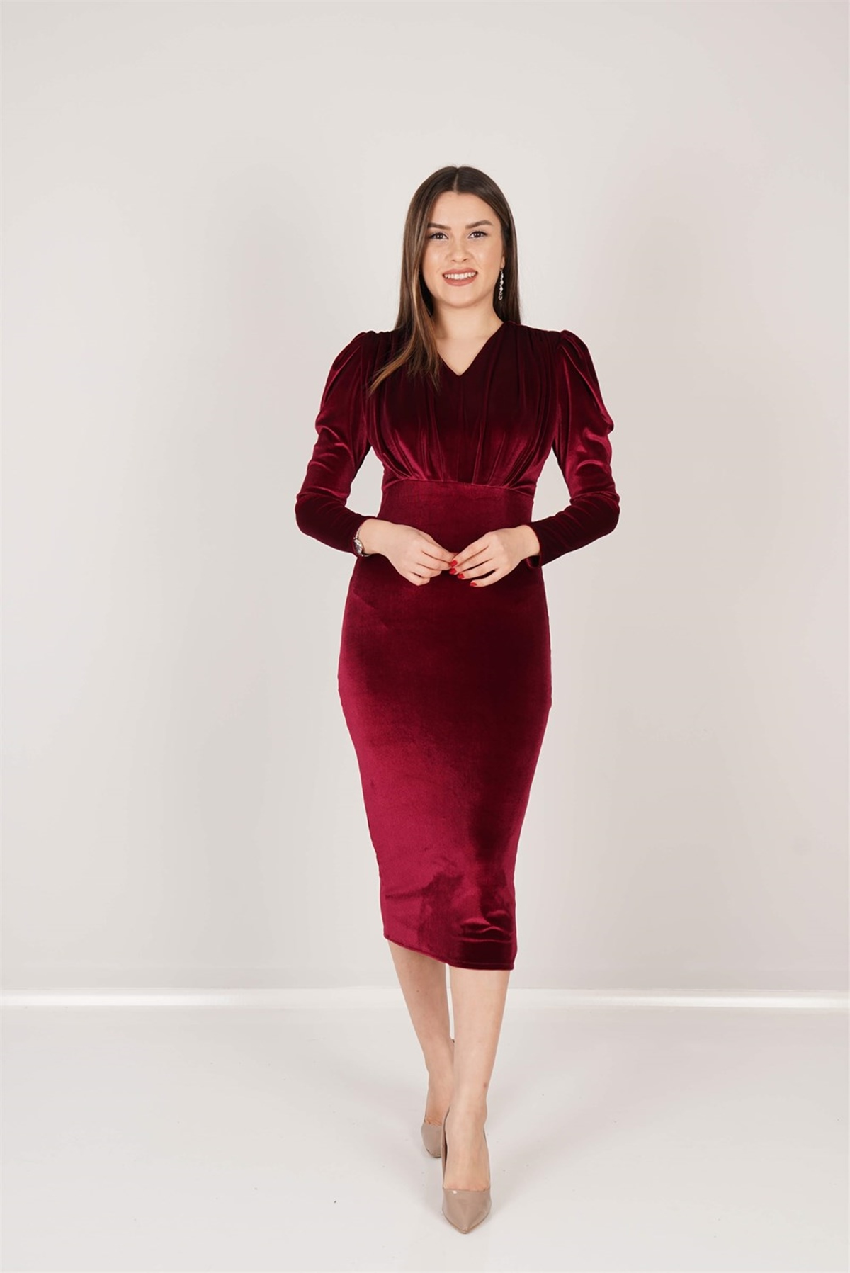 Kadife Büzgü Detaylı Elbise - Bordo