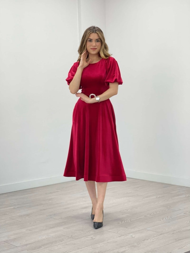 Kadife Kumaş Balon Kol Midi Elbise - KIRMIZI