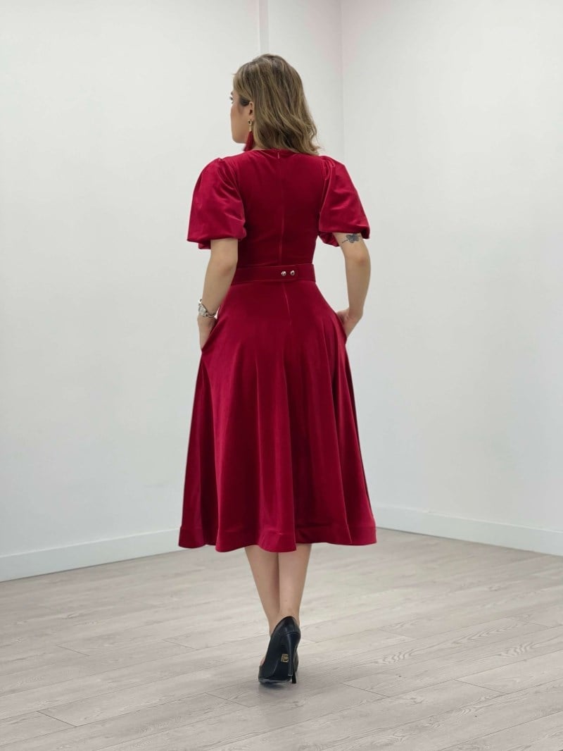 Kadife Kumaş Balon Kol Midi Elbise - KIRMIZI