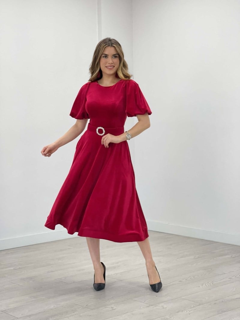 Kadife Kumaş Balon Kol Midi Elbise - KIRMIZI