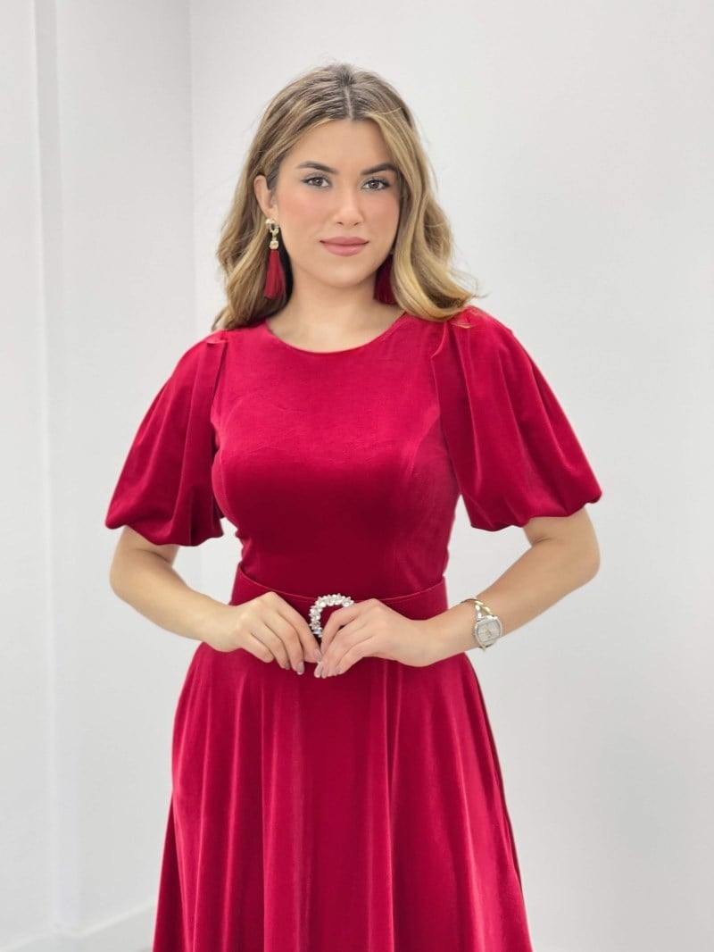 Kadife Kumaş Balon Kol Midi Elbise - KIRMIZI