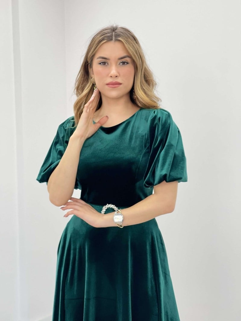 Kadife Kumaş Balon Kol Midi Elbise - ZÜMRÜT YEŞİL