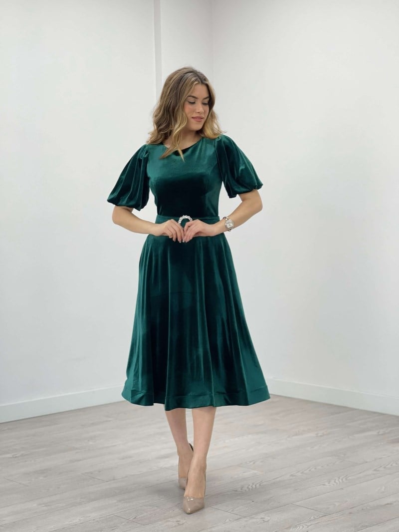 Kadife Kumaş Balon Kol Midi Elbise - ZÜMRÜT YEŞİL