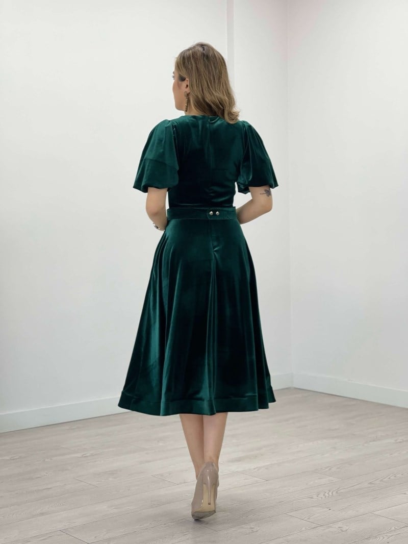 Kadife Kumaş Balon Kol Midi Elbise - ZÜMRÜT YEŞİL