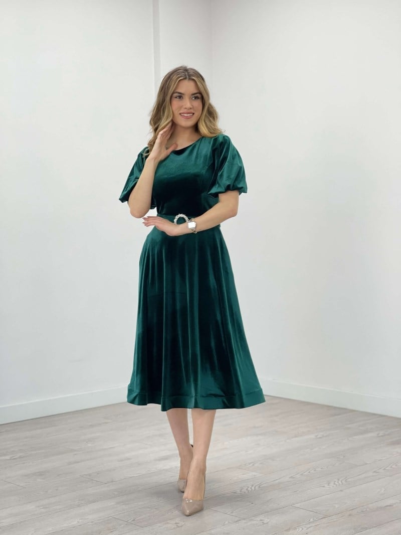 Kadife Kumaş Balon Kol Midi Elbise - ZÜMRÜT YEŞİL
