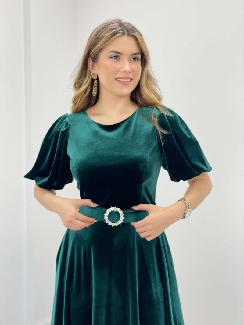 Kadife Kumaş Balon Kol Midi Elbise - ZÜMRÜT YEŞİL