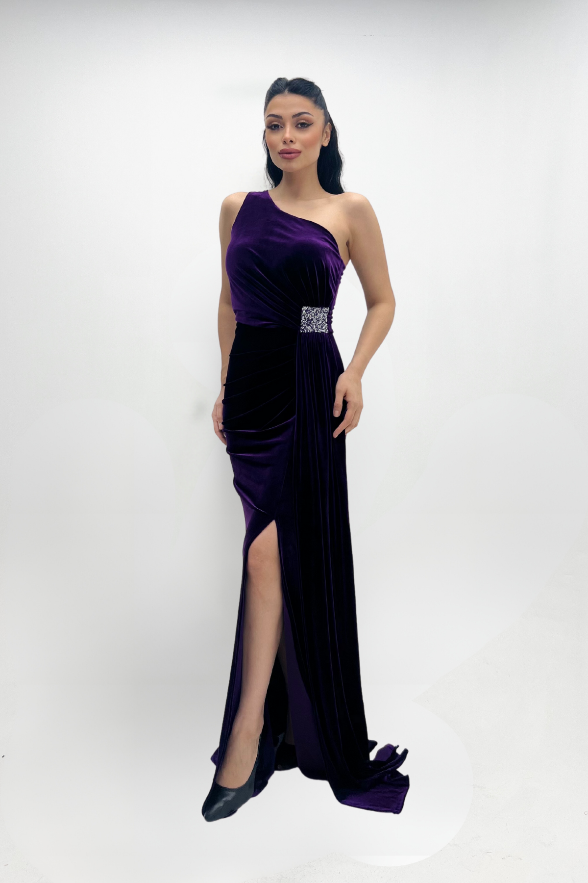 Kadife Kumaş Büzgülü Şal Detaylı Abiye Elbise - MOR